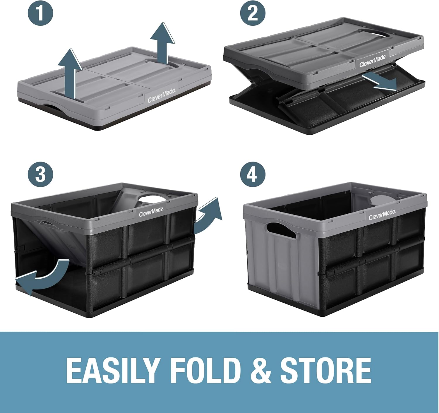 CleverMade Collapsible Storage Bins 62L (3-Pack) – Heavy Duty Collapsible Plastic Storage Bins, Large Stackable Folding Storage Bins for Garage, Car, Grocery & Home Organization - Stone