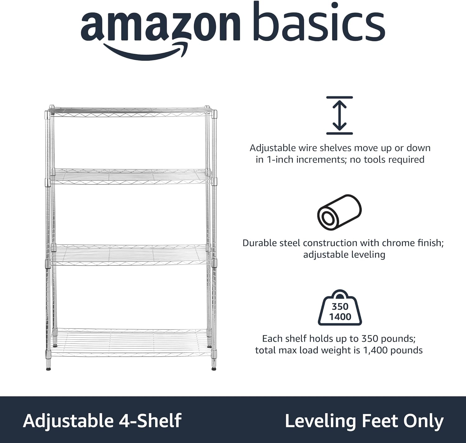 Amazon Basics 4-Shelf Adjustable Heavy Duty Steel Wire Rack Storage Shelving Unit for Kitchen, Garage, Easy Assembly, 350 lbs Per Shelf, 36" x 14" x 54", Chrome Silver