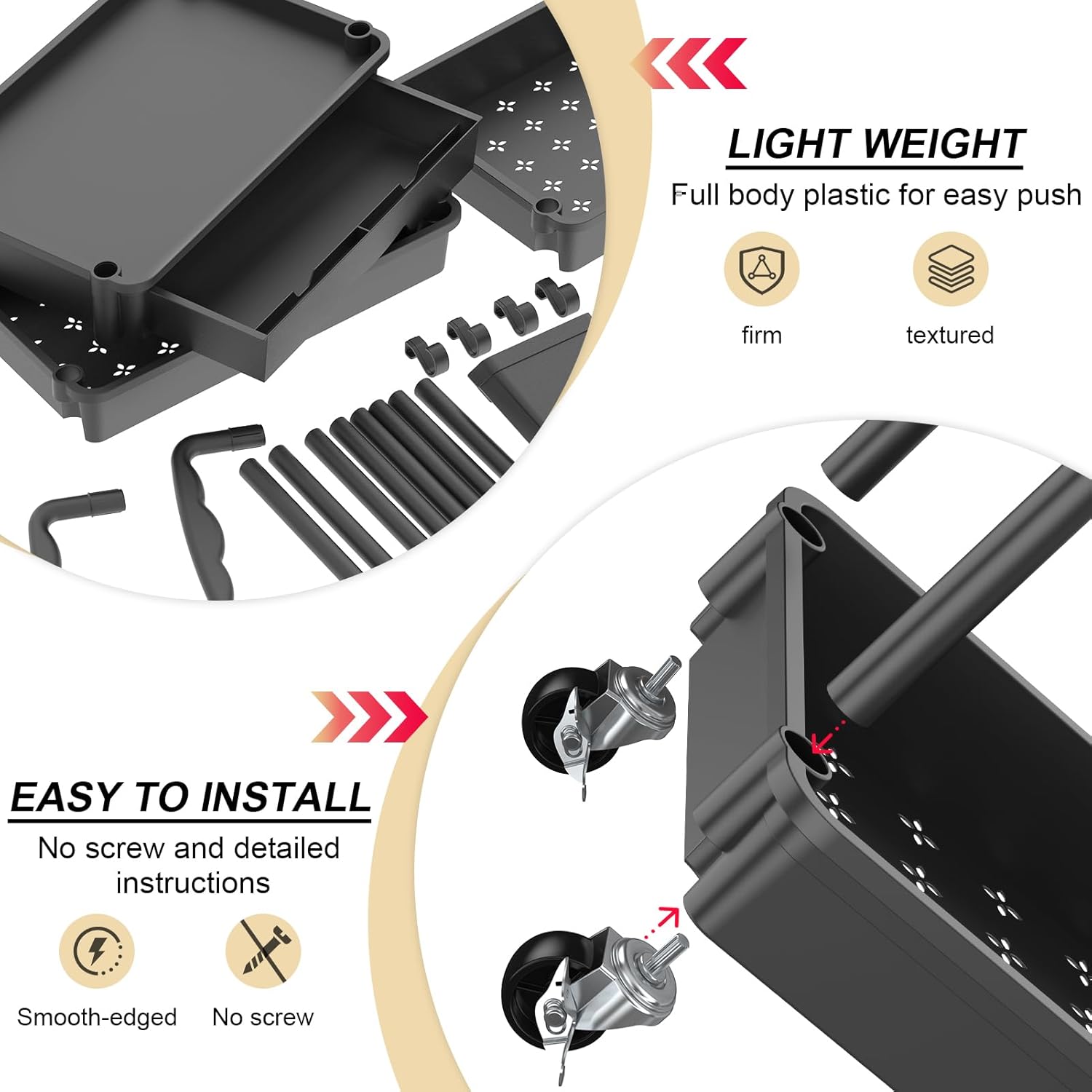Goovilla 3 Tier Rolling Utility Cart Organizer with Removable Drawer, Stable and Sturdy Black Rolling Storage Carts with 2 Lockable Wheels for Bathroom, Kitchen, Snack, Craft, Makeup, Baby Essentials