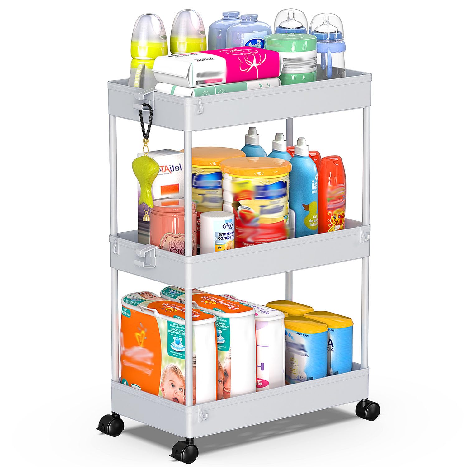 SPACEKEEPER Rolling Storage Cart 3 Tier Bathroom Cart Organizers with Wheels Laundry Room Organization Mobile Shelving Unit Utility Cart Storage Shelves Multi-Functional for Office, Home, Black