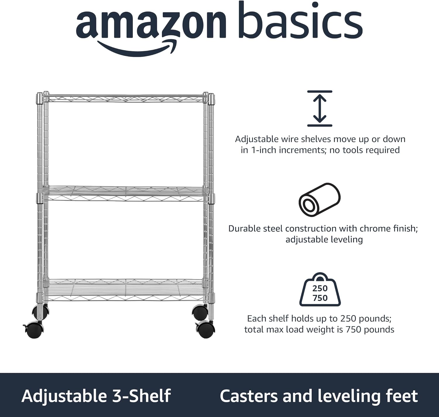 Amazon Basics 3-Shelf Heavy Duty Adjustable Wire Shelving Storage Rack on 2" PP Plastic Wheel Casters, Steel Utility Shelving Unit for Garage and Laundry Room, 23.2" x 13.4" x 32.75", Chrome