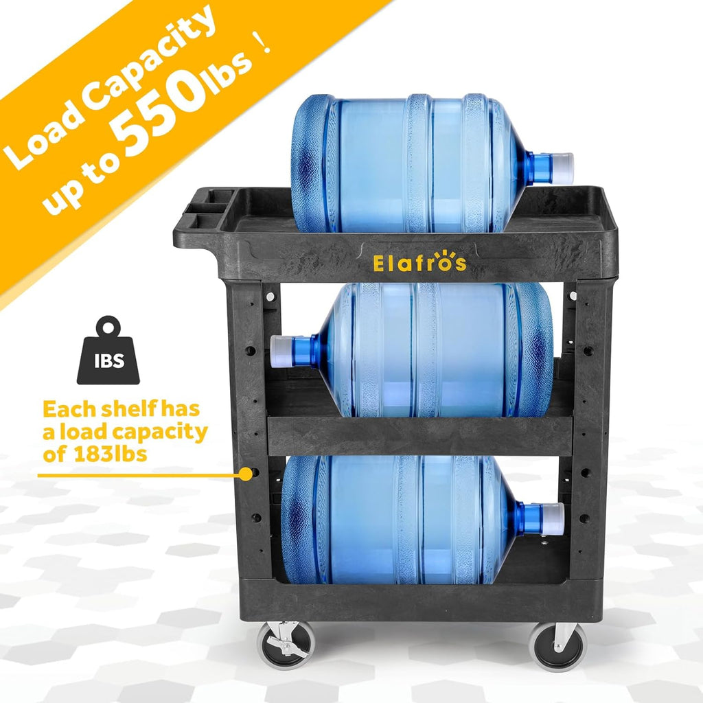 ELAFROS 3 Shelf Heavy Duty Utility Cart, 34" x 17" x 38.5", Rolling Work Cart with 4 Swivel Wheels, Deep Shelves, Safely Holds up to 550 lbs 3-Tier Service Tool Cart, Black