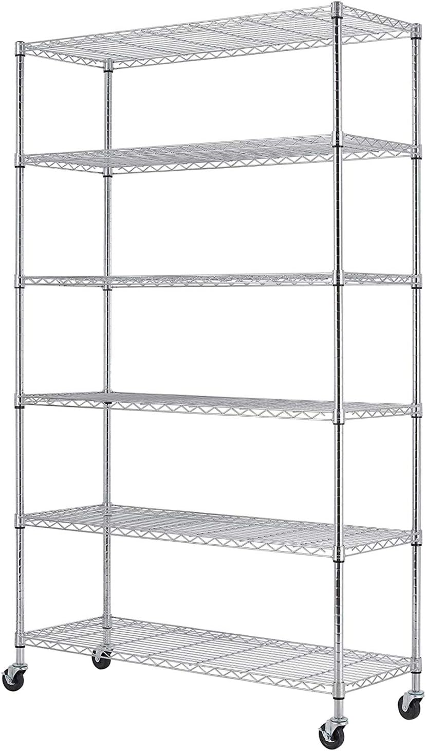 FDW 18x45x82 inch Wire Shelving Unit with Wheels Steel 6 Tier Heavy Duty Layer Rack Storage Metal Shelf Garage Organizer Wire Rack Shelving Adjustable Utility 2100 LBS Capacity,Chrome