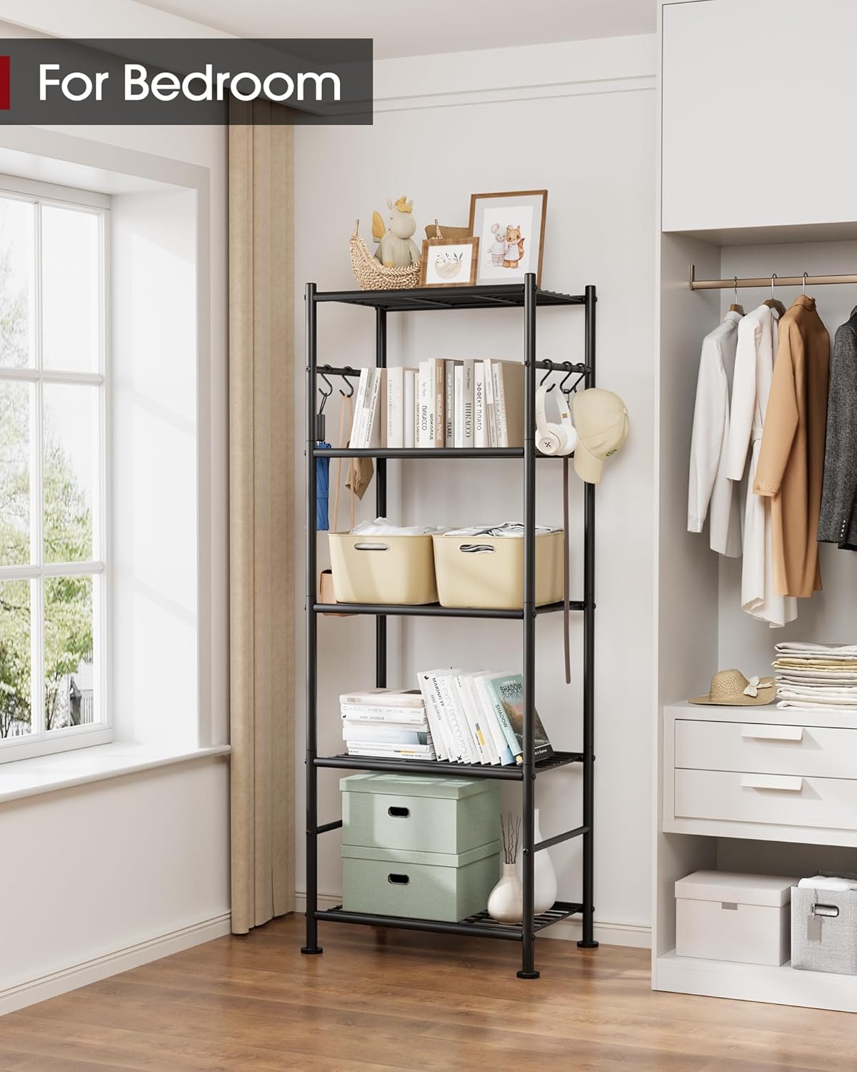 Sakugi Storage Shelves - 5-Tier Large Capacity Shelf Organizer with Hooks, Heavy-Duty Garage Shelving with Leveling Feet, Wobble-Free Rack for Bedroom, Balcony, Garage, 18.1"×12.4"×56.8", Black