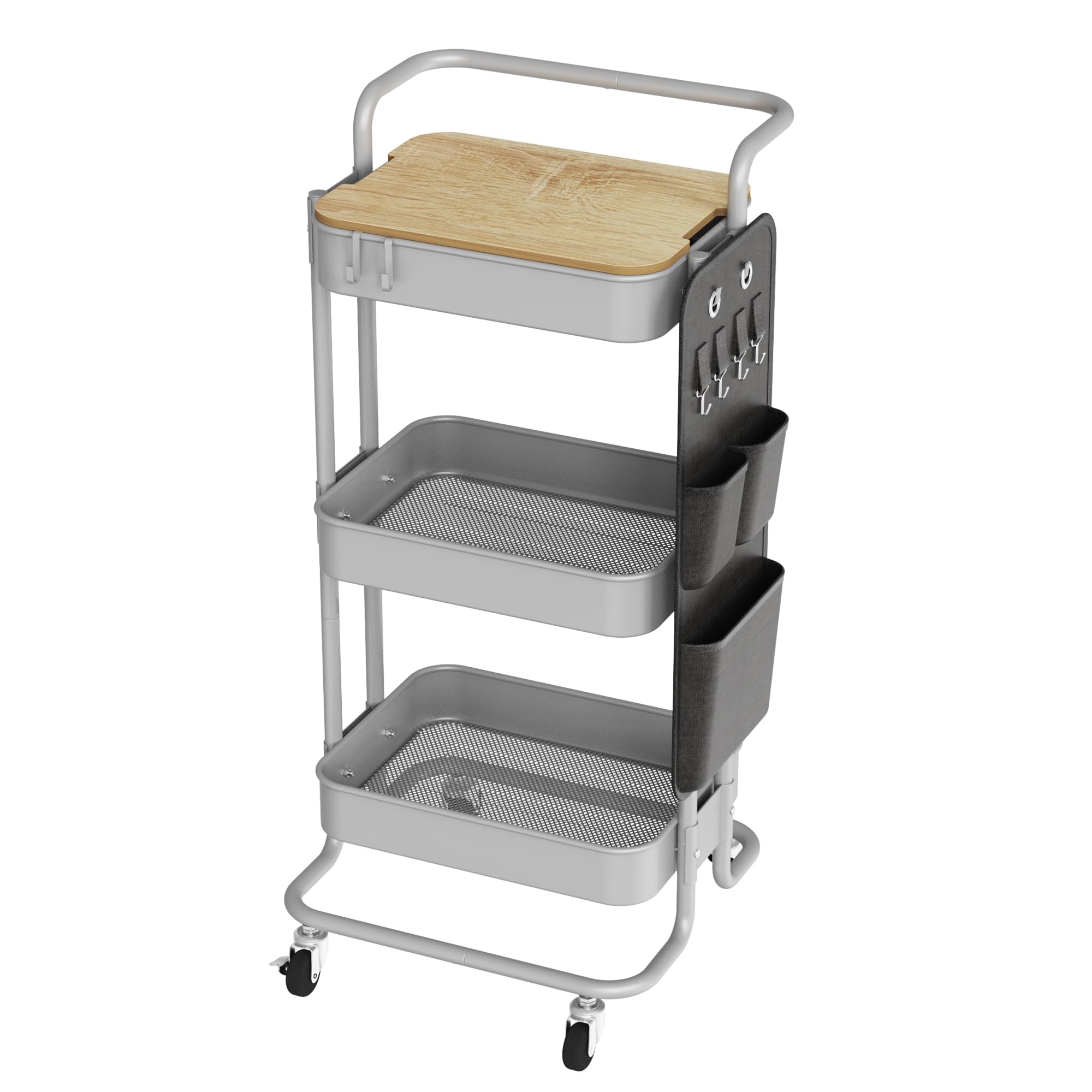 DTK 3 Tier Metal Utility Rolling Cart with Table Top and Side Bags, Tray Storage Organizer Wheels, Art Craft 4 Hooks for Kitchen Bathroom Office Living Room (Black)