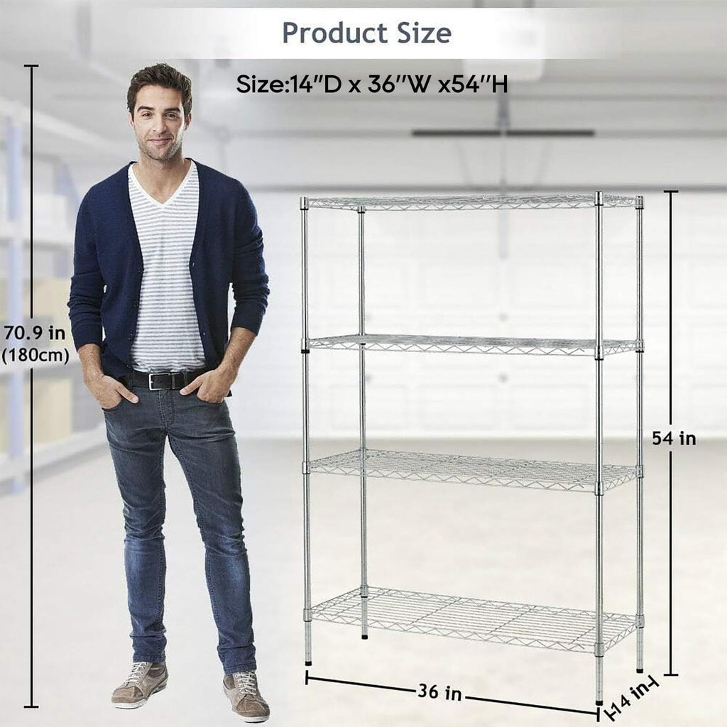 BestOffice | 4-Tier Wire Storage Shelves | 36x14x54 | Chrome | with Adjustable Racks | Heavy-Duty Metal Shelf, Holds Upto 1000 lbs | No-Tool Assembly | Ideal for Home & Garage Shelving