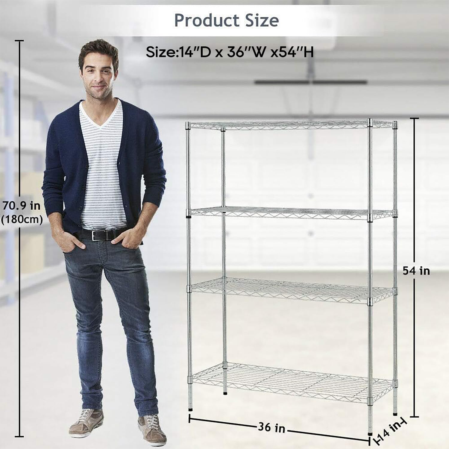 BestOffice | 4-Tier Wire Storage Shelves | 36x14x54 | Chrome | with Adjustable Racks | Heavy-Duty Metal Shelf, Holds Upto 1000 lbs | No-Tool Assembly | Ideal for Home & Garage Shelving