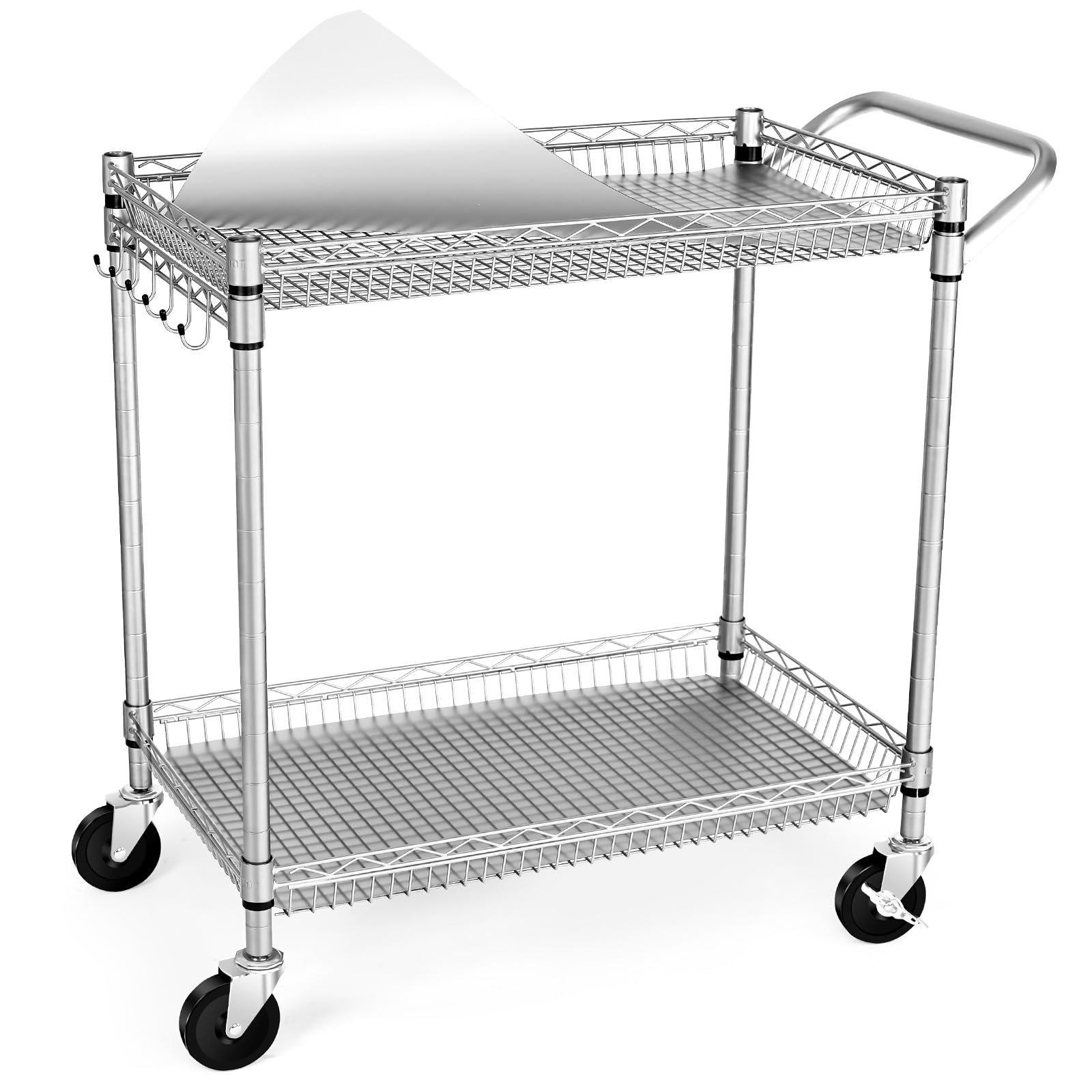 WDT 990Lbs Capacity Heavy Duty Rolling Utility Cart, NSF Rolling Carts with Wheels,Commercial Grade Metal Cart with Handle Bar & Shelf Liner,Trolley Serving Cart for Restaurant,Kitchen,Gray
