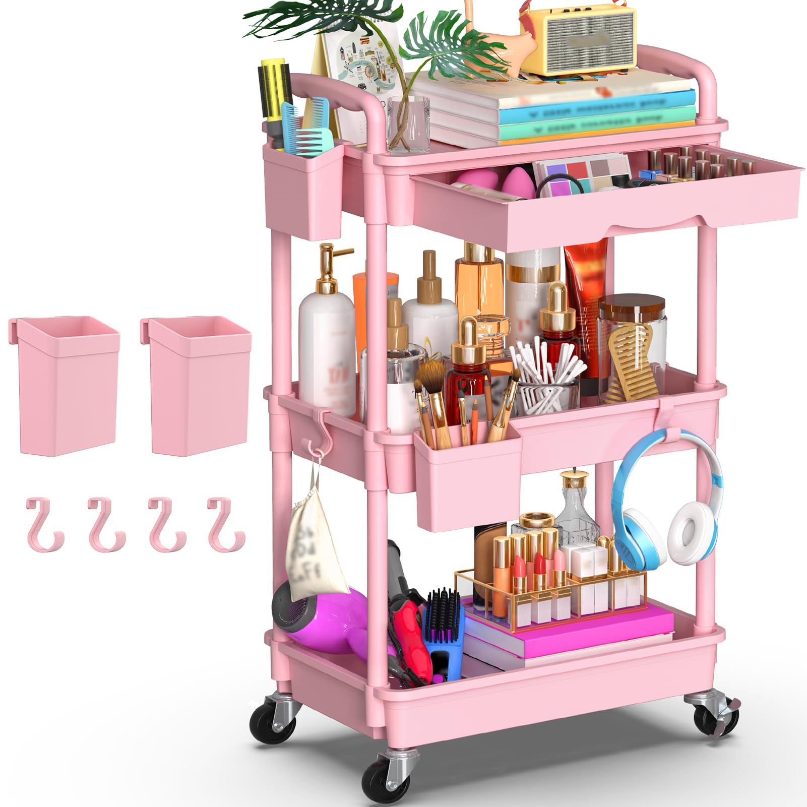Goovilla 3 Tier Rolling Utility Cart Organizer with Removable Drawer, Stable and Sturdy Black Rolling Storage Carts with 2 Lockable Wheels for Bathroom, Kitchen, Snack, Craft, Makeup, Baby Essentials