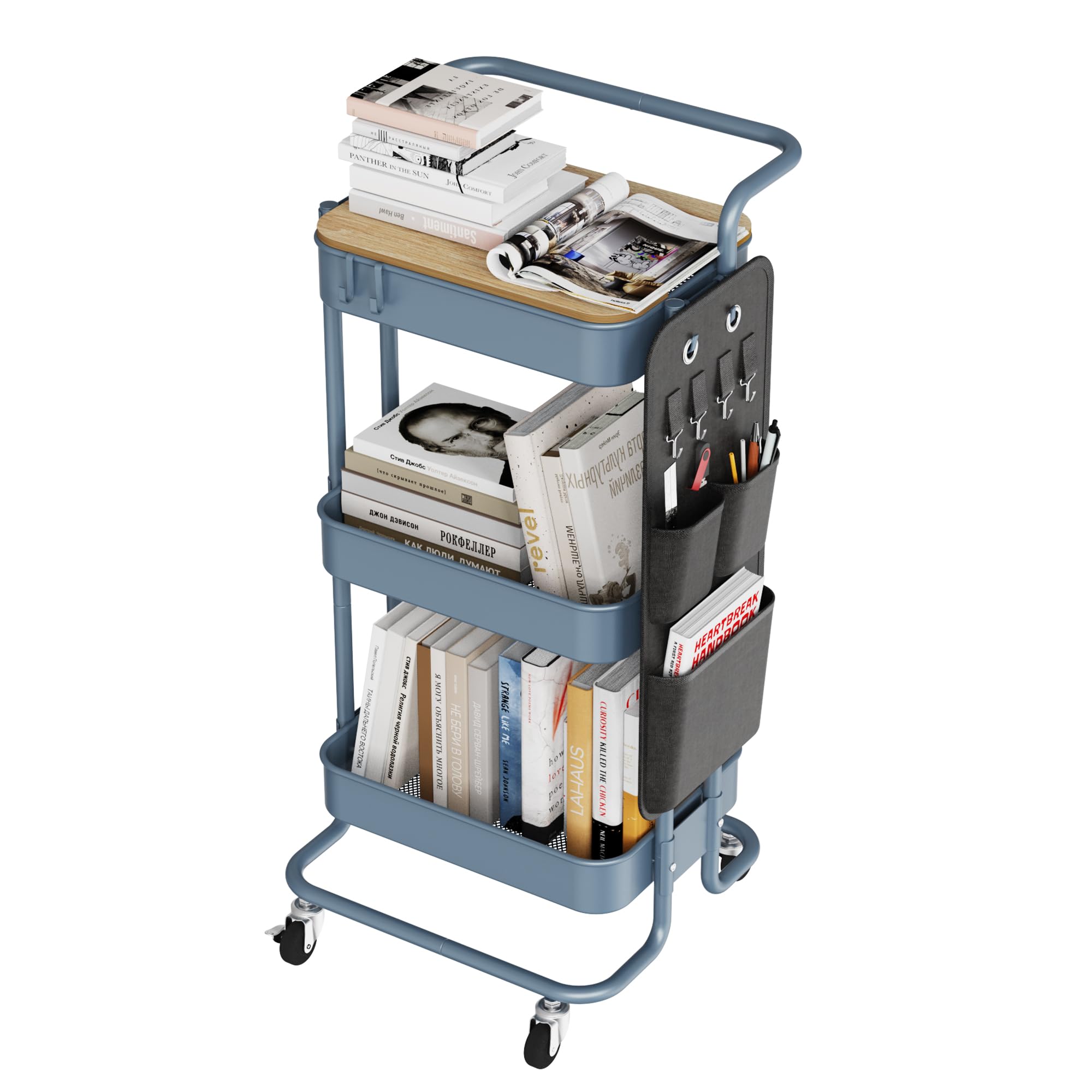 DTK 3 Tier Metal Utility Rolling Cart with Table Top and Side Bags, Tray Storage Organizer Wheels, Art Craft 4 Hooks for Kitchen Bathroom Office Living Room (Black)