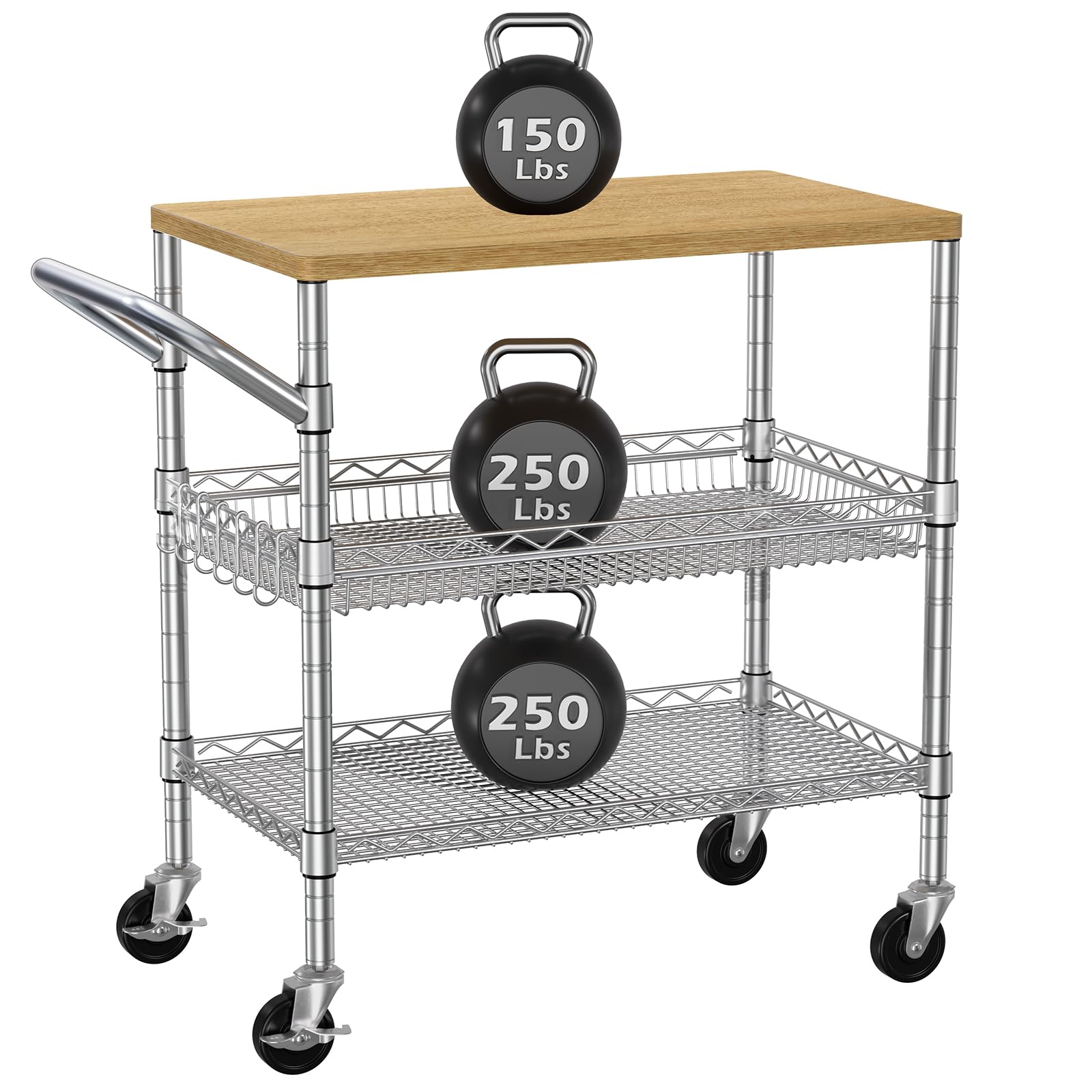 BolDuck Heavy Duty Utility Cart, 990Lbs Capacity 3 Tier Rolling Carts with Wheels, Kitchen Cart on Wheels with Storage, Commercial Grade Metal Serving Carts with Wire Shelving &Handle Bar, Black