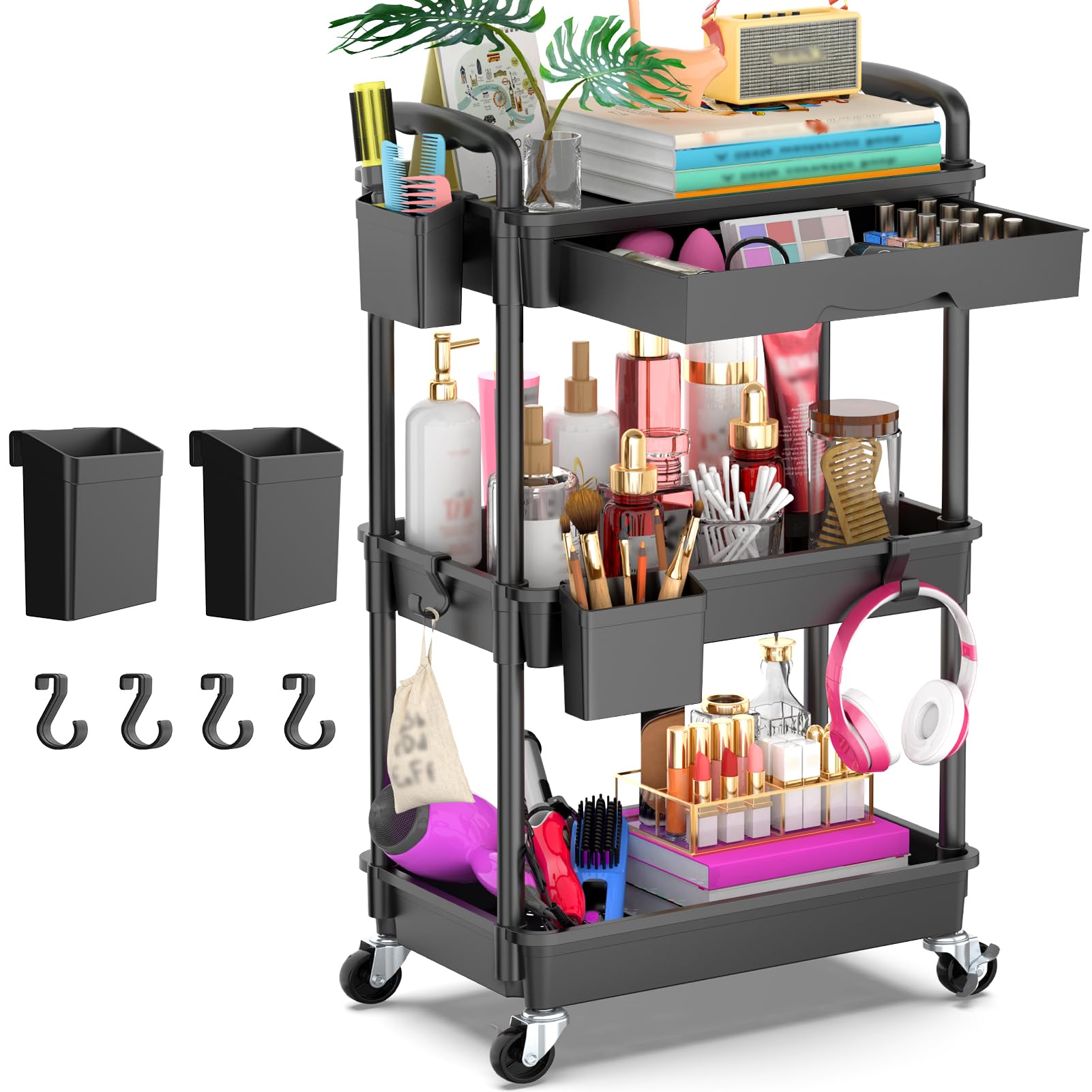 Goovilla 3 Tier Rolling Utility Cart Organizer with Removable Drawer, Stable and Sturdy Black Rolling Storage Carts with 2 Lockable Wheels for Bathroom, Kitchen, Snack, Craft, Makeup, Baby Essentials