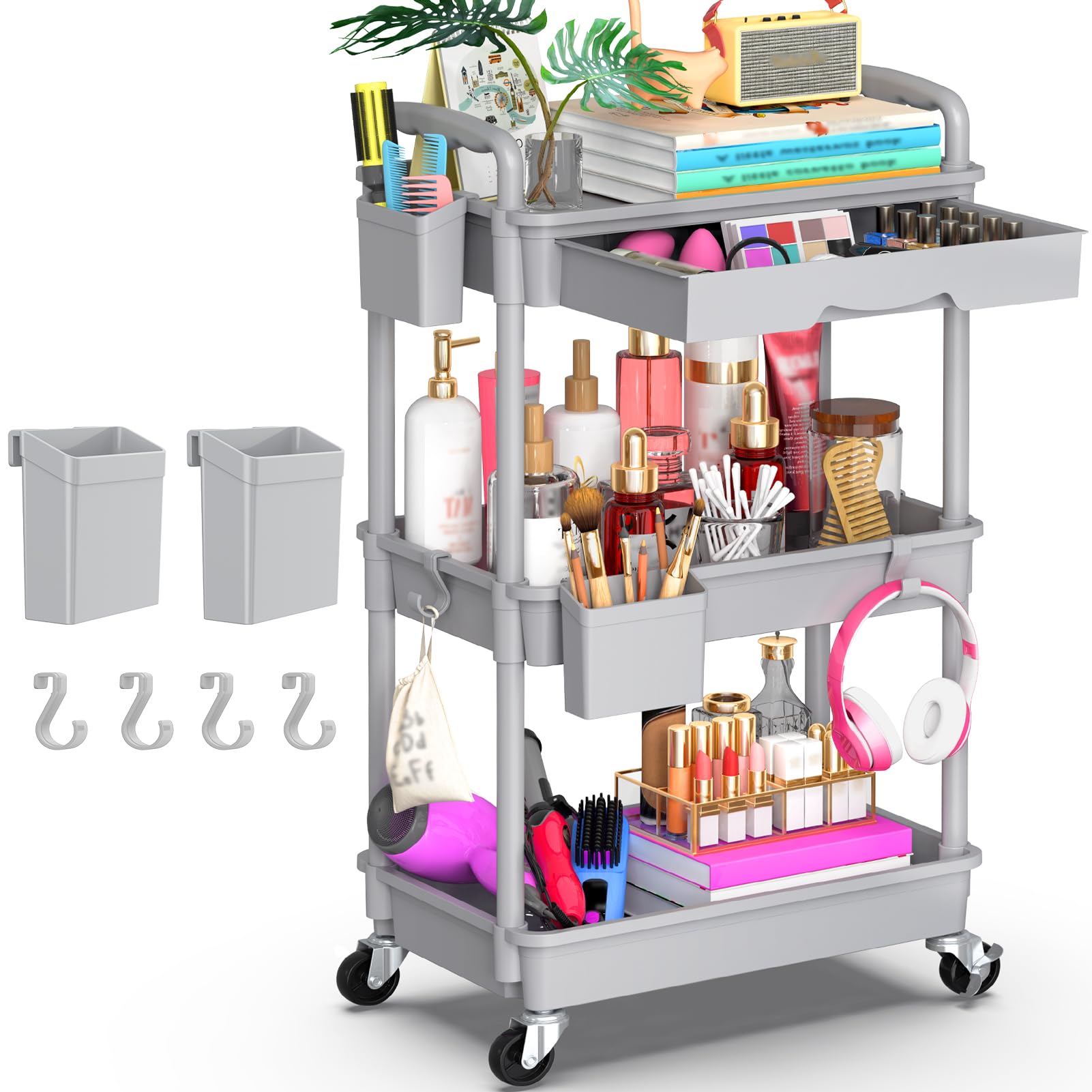 Goovilla 3 Tier Rolling Utility Cart Organizer with Removable Drawer, Stable and Sturdy Black Rolling Storage Carts with 2 Lockable Wheels for Bathroom, Kitchen, Snack, Craft, Makeup, Baby Essentials