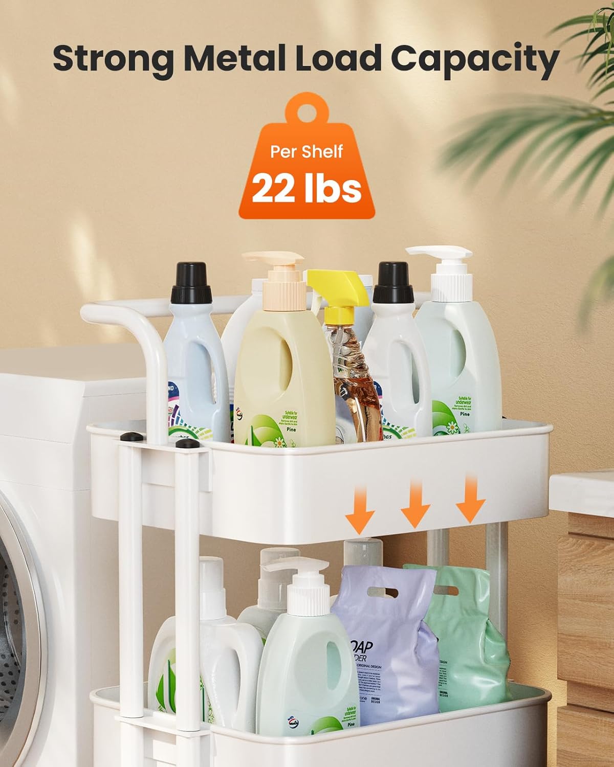 Pipishell 3 Tier Mesh Utility Cart, Rolling Metal Organization Cart with Handle and Lockable Wheels, Multifunctional Storage Shelves for Kitchen Living Room Office White