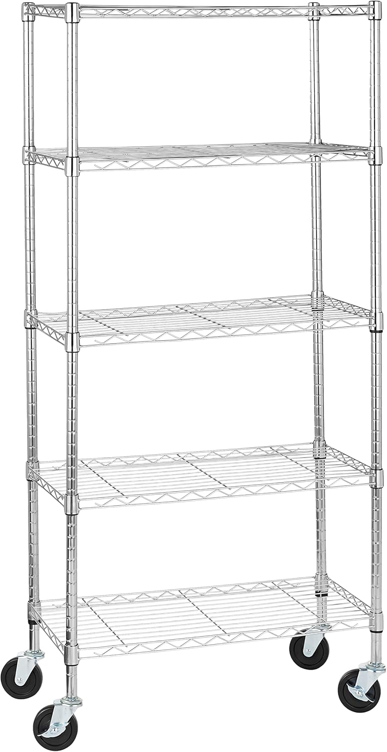 Amazon Basics 5-Shelf Adjustable, Heavy Duty Storage Shelving Unit on 4" Wheel Casters, Easy to Move Portable Wire Shelving, No Tools Needed for Easy Assembly, 30" x 14" x 64.8", Chrome