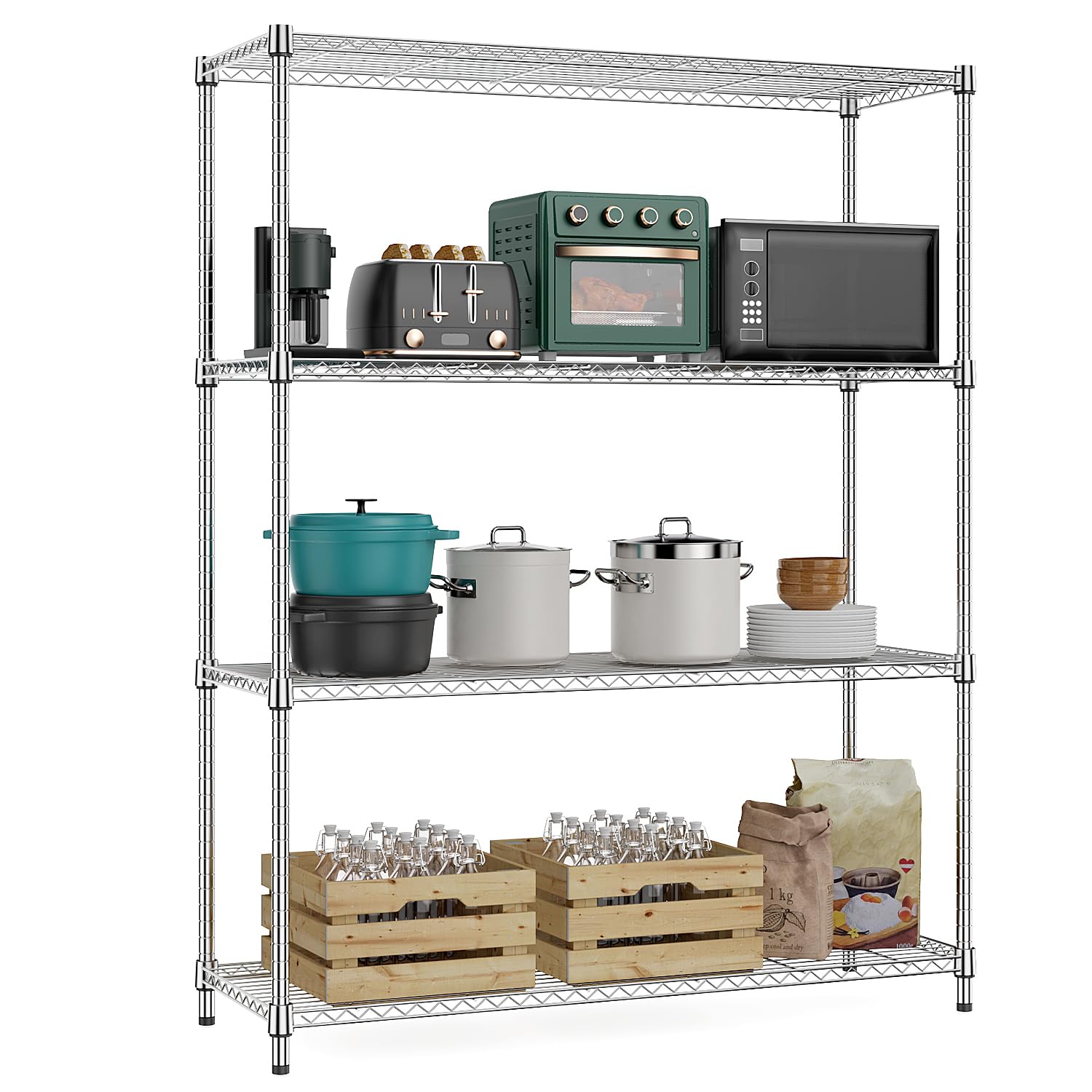 M MZG 5-Shelf Storage Shelves,Wire Shelving Heavy Duty Metal Storage Shelving Unit Adjustable Garage Shelving Rack Pantry Kitchen (Chrome, 4 Tier,15.8" D x 45.3" W x 59.4" H)