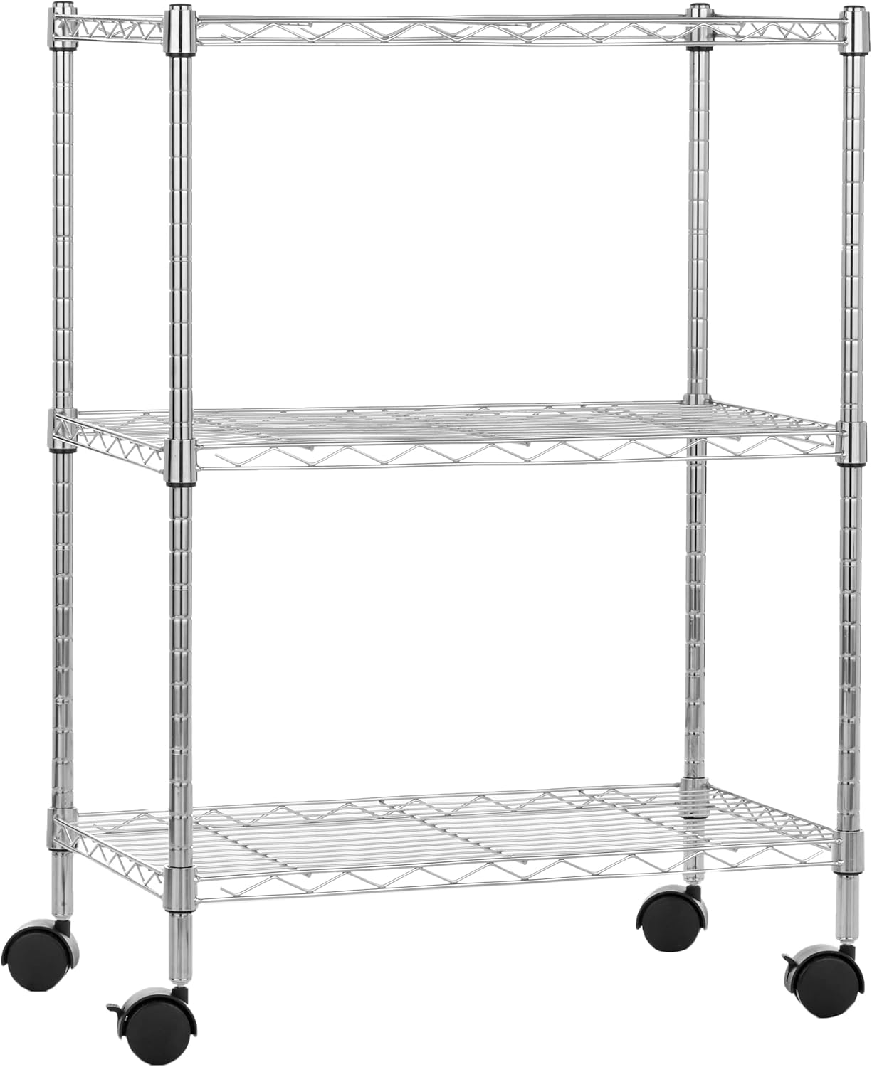 Amazon Basics 3-Shelf Heavy Duty Adjustable Wire Shelving Storage Rack on 2" PP Plastic Wheel Casters, Steel Utility Shelving Unit for Garage and Laundry Room, 23.2" x 13.4" x 32.75", Chrome