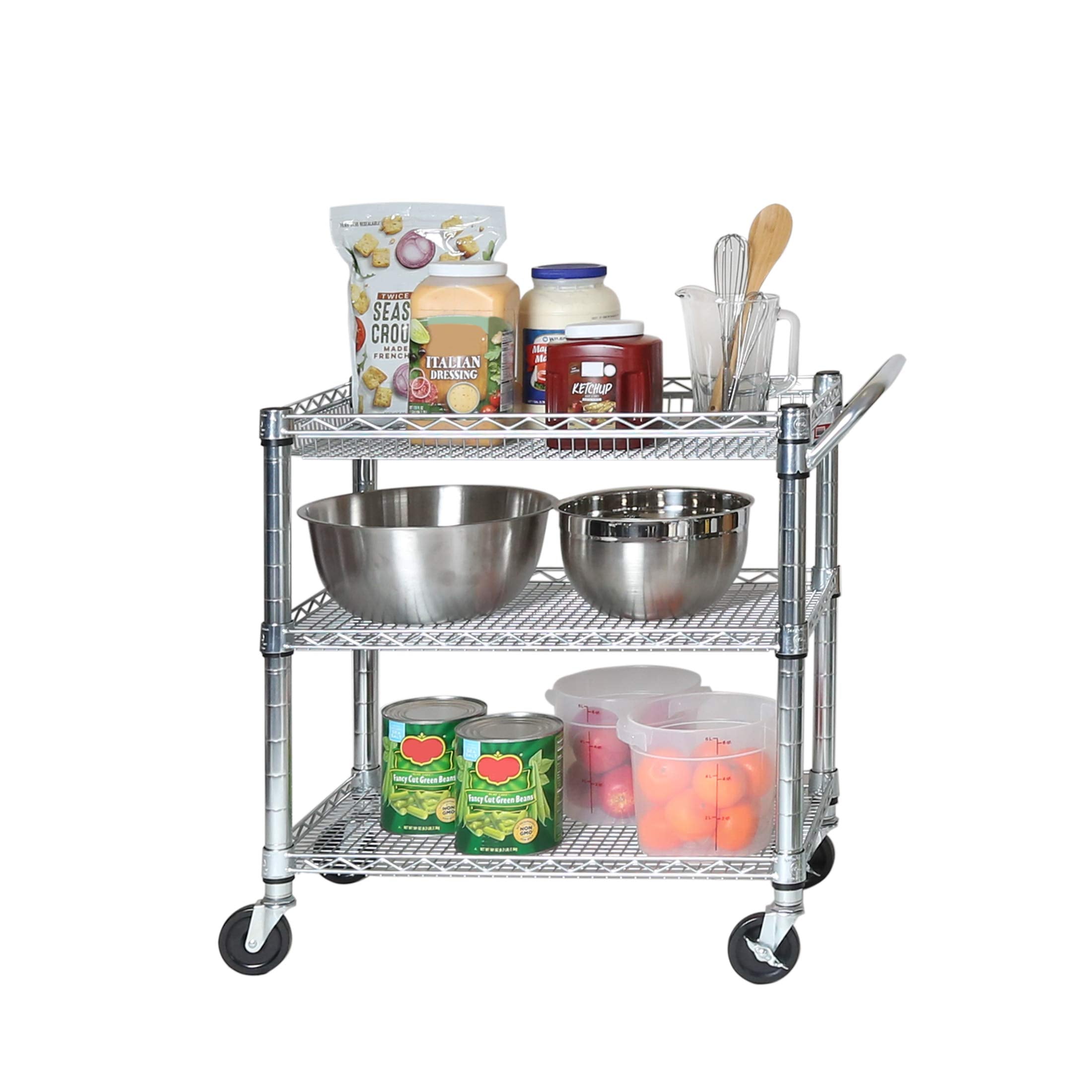 Seville Classics UltraDurable NSF Commercial Heavy Duty Metal Rolling Utility Cart, w/ Steel Shelves, Handle Bar for Restaurant, Garage, Warehouse, Kitchen, Office, Top Shelf (36"W x 18"D)