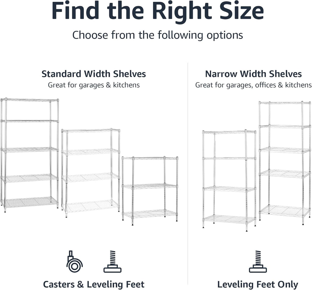Amazon Basics 4-Shelf Adjustable Storage Shelving Unit for Garage, Steel Wire Rack, 200 Pound Loading Capacity per Shelf, 13.4"D x 23.2"W x 48"H, Chrome
