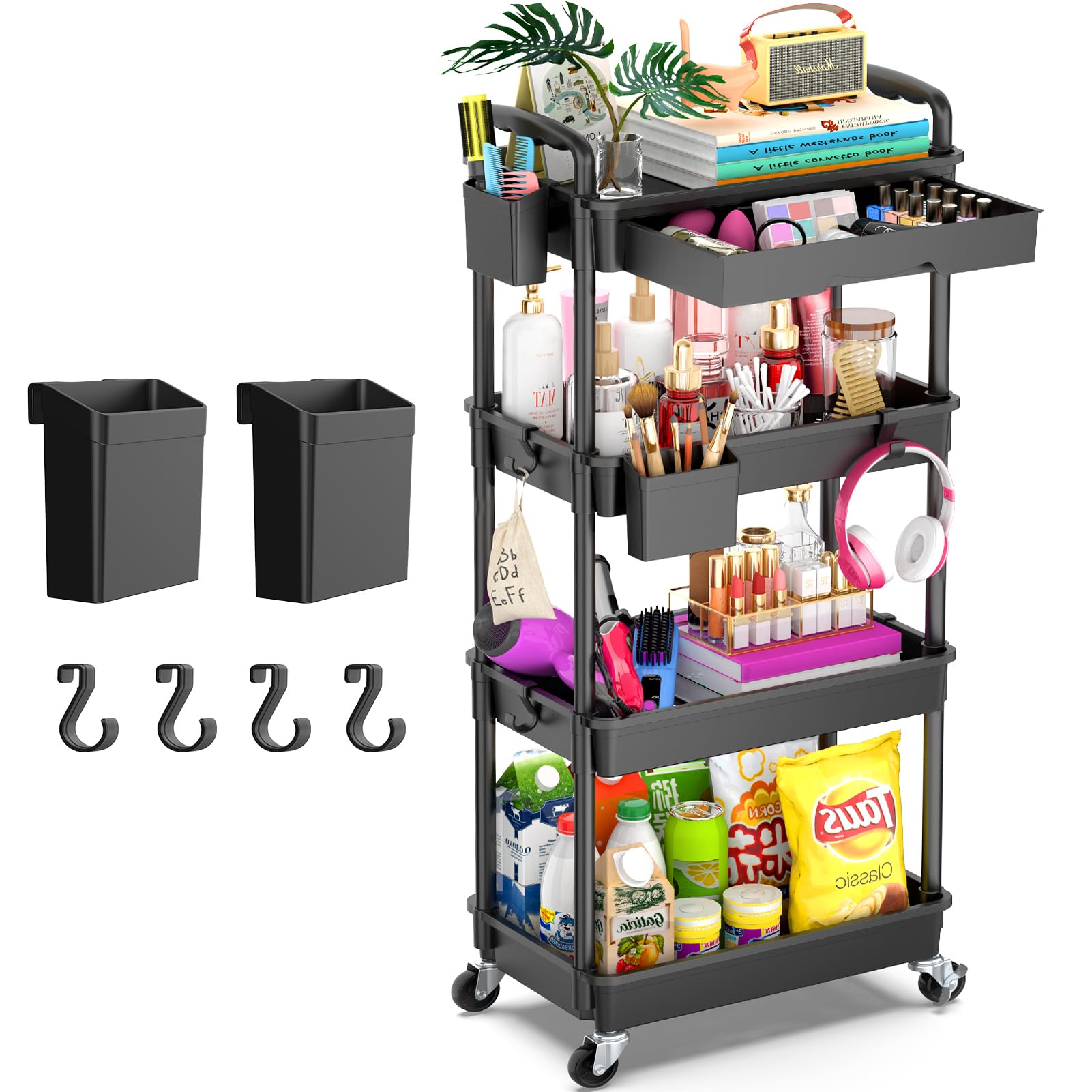 Goovilla 3 Tier Rolling Utility Cart Organizer with Removable Drawer, Stable and Sturdy Black Rolling Storage Carts with 2 Lockable Wheels for Bathroom, Kitchen, Snack, Craft, Makeup, Baby Essentials