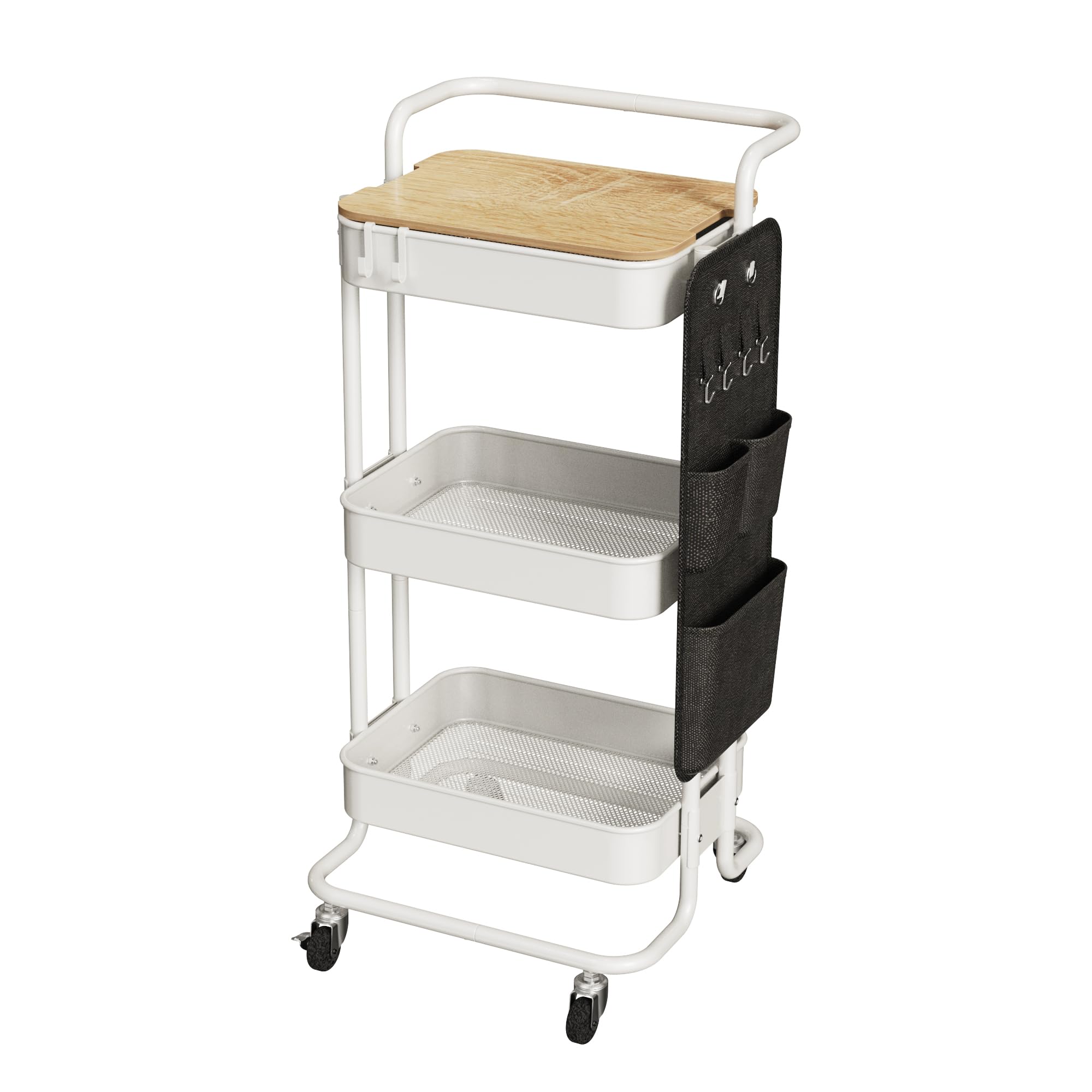 DTK 3 Tier Metal Utility Rolling Cart with Table Top and Side Bags, Tray Storage Organizer Wheels, Art Craft 4 Hooks for Kitchen Bathroom Office Living Room (Black)