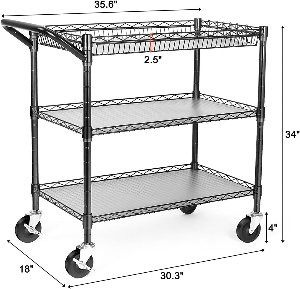 BolDuck Heavy Duty Utility Cart, 990Lbs Capacity 3 Tier Rolling Carts with Wheels, Kitchen Cart on Wheels with Storage, Commercial Grade Metal Serving Carts with Wire Shelving &Handle Bar, Black