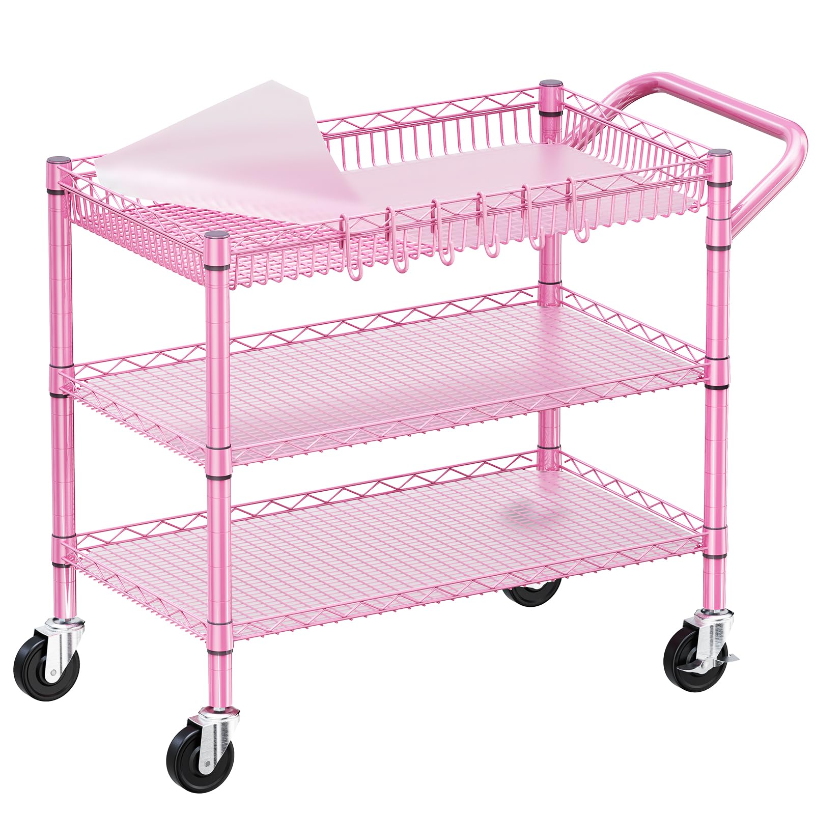 WDT 990Lbs Capacity Heavy Duty Rolling Utility Cart, NSF Rolling Carts with Wheels,Commercial Grade Metal Cart with Handle Bar & Shelf Liner,Trolley Serving Cart for Restaurant,Kitchen,Gray