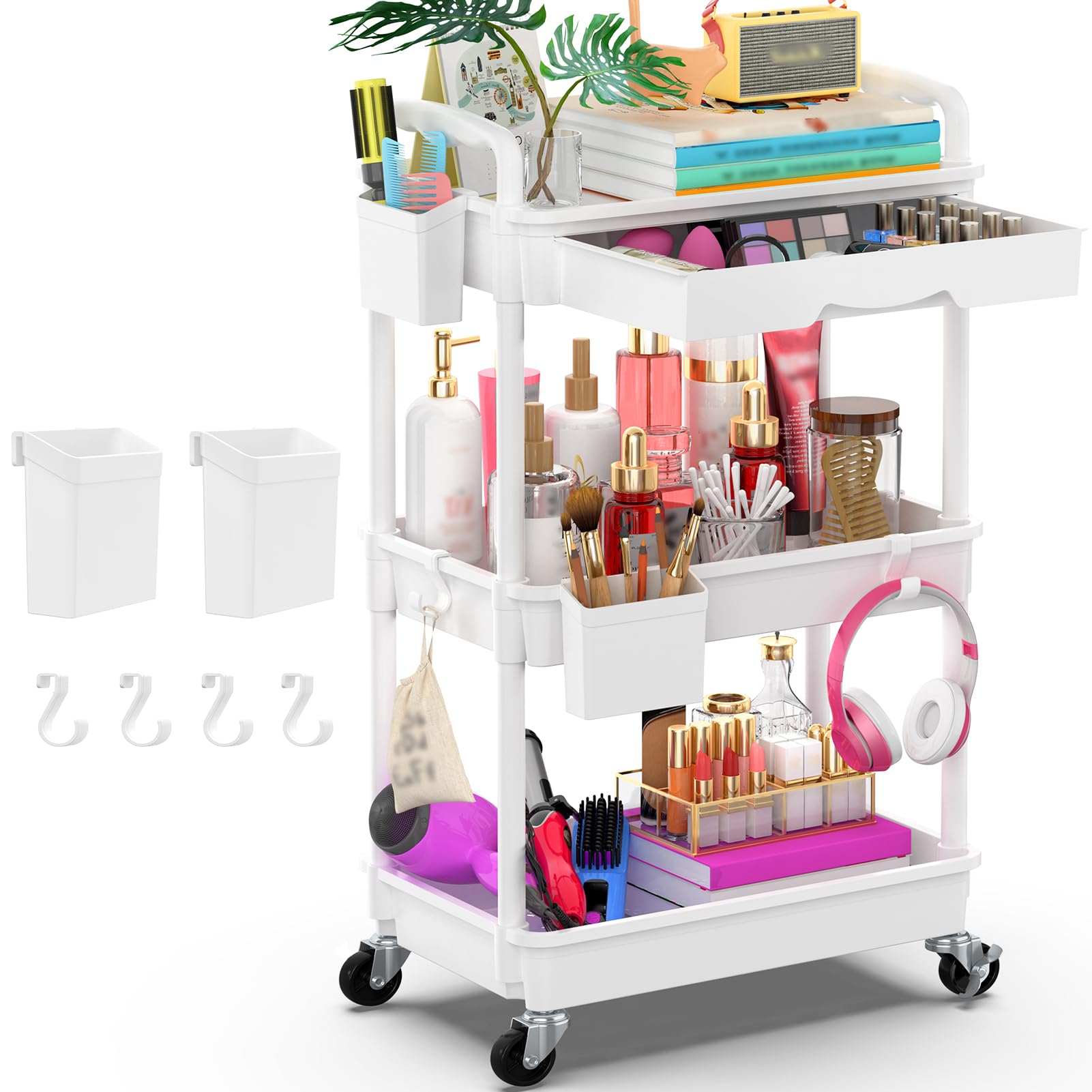 Goovilla 3 Tier Rolling Utility Cart Organizer with Removable Drawer, Stable and Sturdy Black Rolling Storage Carts with 2 Lockable Wheels for Bathroom, Kitchen, Snack, Craft, Makeup, Baby Essentials