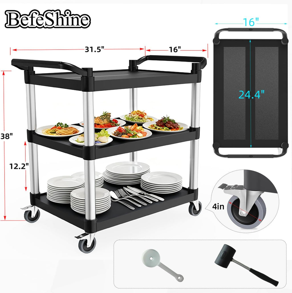 Plastic Utility Carts with Wheels, 3-Tier Rolling Service Cart, 300 lbs Heavy Duty Capacity with 4 inch Silent Casters(2 Lockable), for Home, Office, Restaurant, Warehouse.31.5"× 16" × 38"