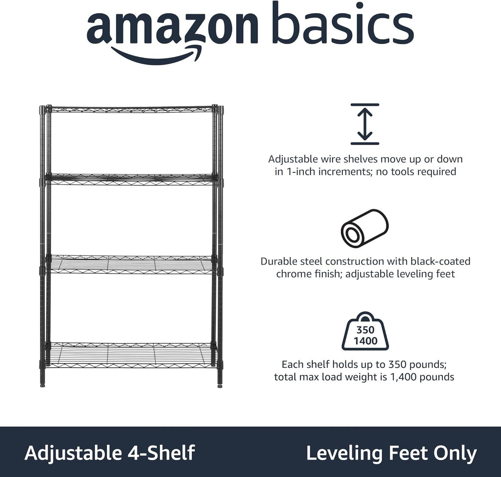 Amazon Basics 4-Shelf Adjustable Heavy Duty Steel Wire Rack Storage Shelving, Sturdy Garage Shelving, 350 lbs Capacity Per Shelf, Easy No-Tool Assembly, 36" x 14" x 54", Black | Heavy Duty, Adjustable, for Kitchen, Garage, Storage, Shelving Organizer