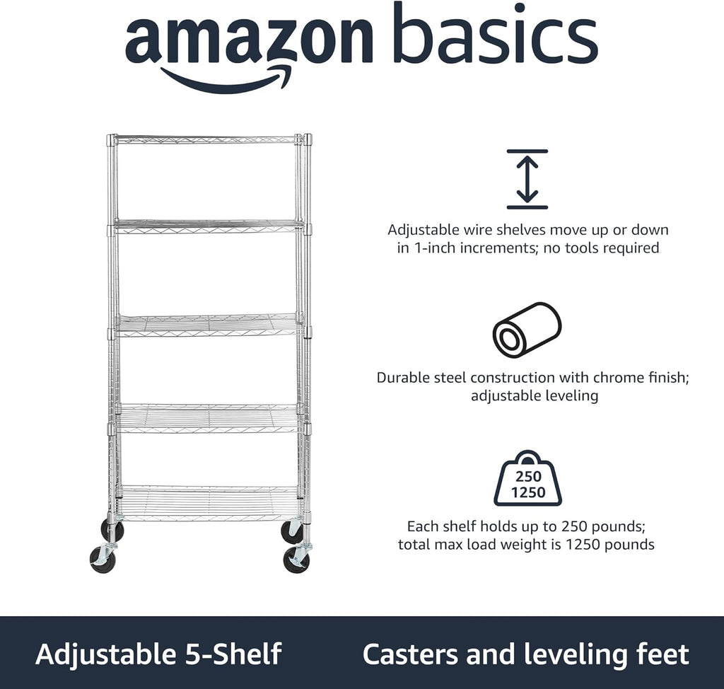 Amazon Basics 5-Shelf Adjustable, Heavy Duty Storage Shelving Unit on 4" Wheel Casters, Easy to Move Portable Wire Shelving, No Tools Needed for Easy Assembly, 30" x 14" x 64.8", Chrome