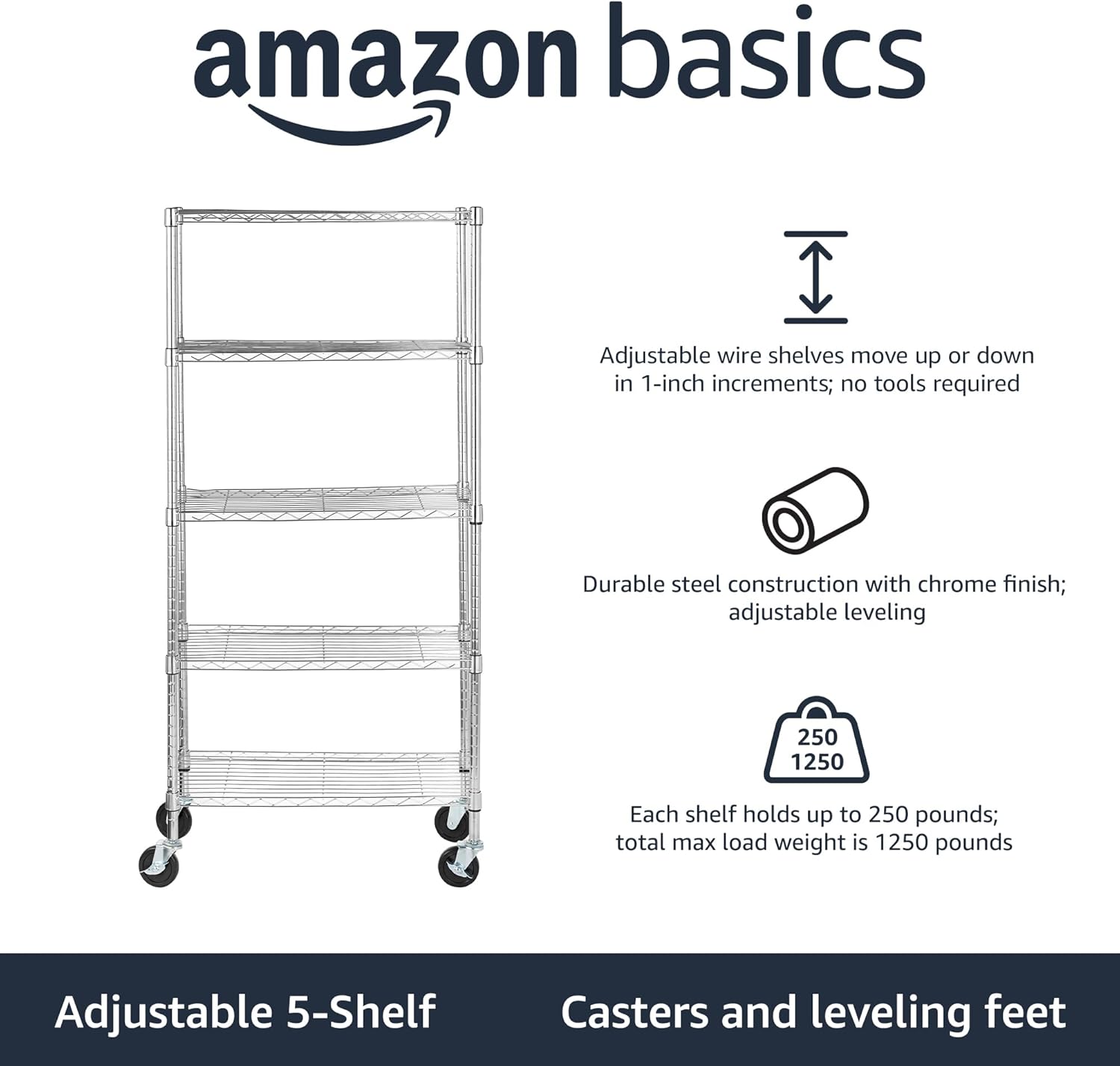 Amazon Basics 5-Shelf Adjustable, Heavy Duty Storage Shelving Unit on 4" Wheel Casters, Easy to Move Portable Wire Shelving, No Tools Needed for Easy Assembly, 30" x 14" x 64.8", Chrome