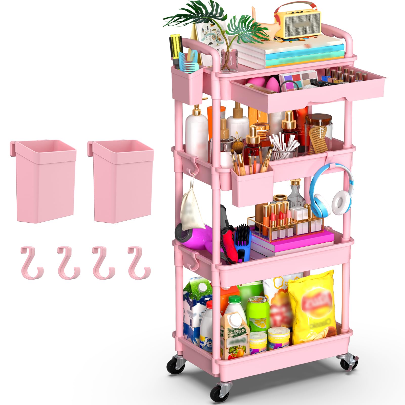 Goovilla 3 Tier Rolling Utility Cart Organizer with Removable Drawer, Stable and Sturdy Black Rolling Storage Carts with 2 Lockable Wheels for Bathroom, Kitchen, Snack, Craft, Makeup, Baby Essentials