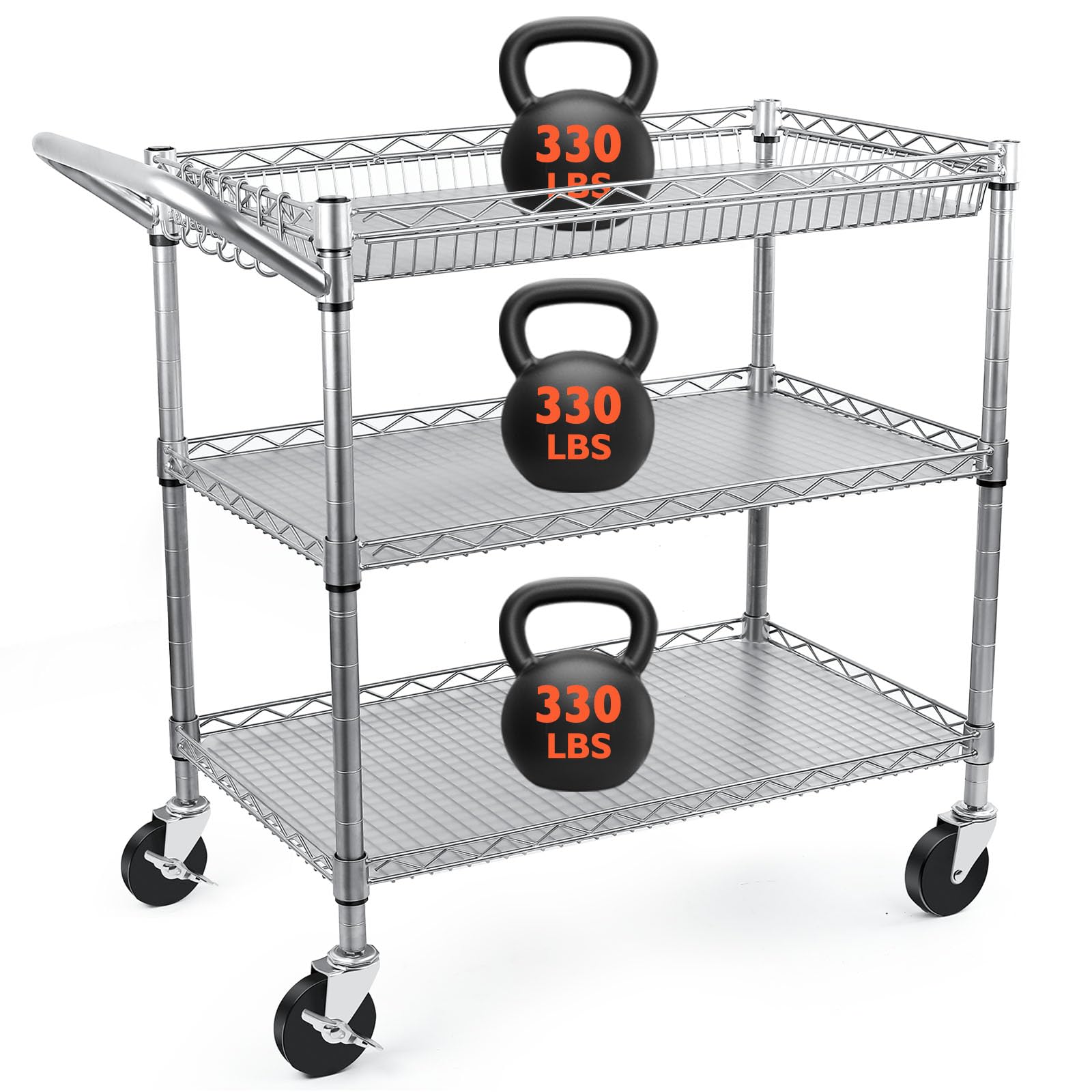 BolDuck Heavy Duty Utility Cart, 990Lbs Capacity 3 Tier Rolling Carts with Wheels, Kitchen Cart on Wheels with Storage, Commercial Grade Metal Serving Carts with Wire Shelving &Handle Bar, Black