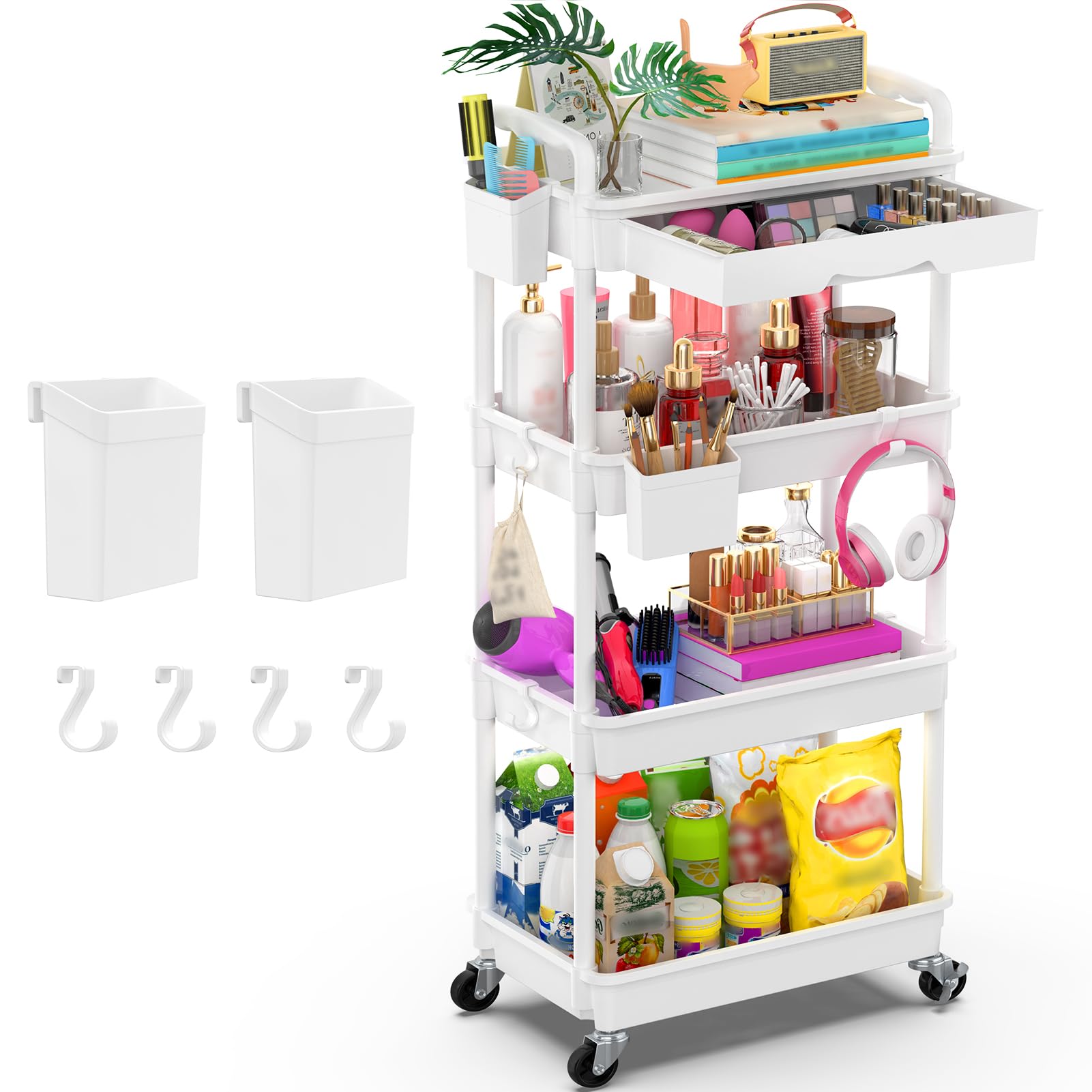 Goovilla 3 Tier Rolling Utility Cart Organizer with Removable Drawer, Stable and Sturdy Black Rolling Storage Carts with 2 Lockable Wheels for Bathroom, Kitchen, Snack, Craft, Makeup, Baby Essentials