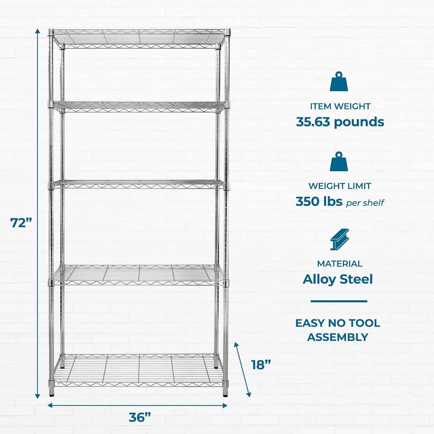 Honey-Can-Do 5-Tier Adjustable Shelving Unit, Chrome SHF-09685 Chrome, 1750lbs (350-lb Weight Capacity Per Shelf)