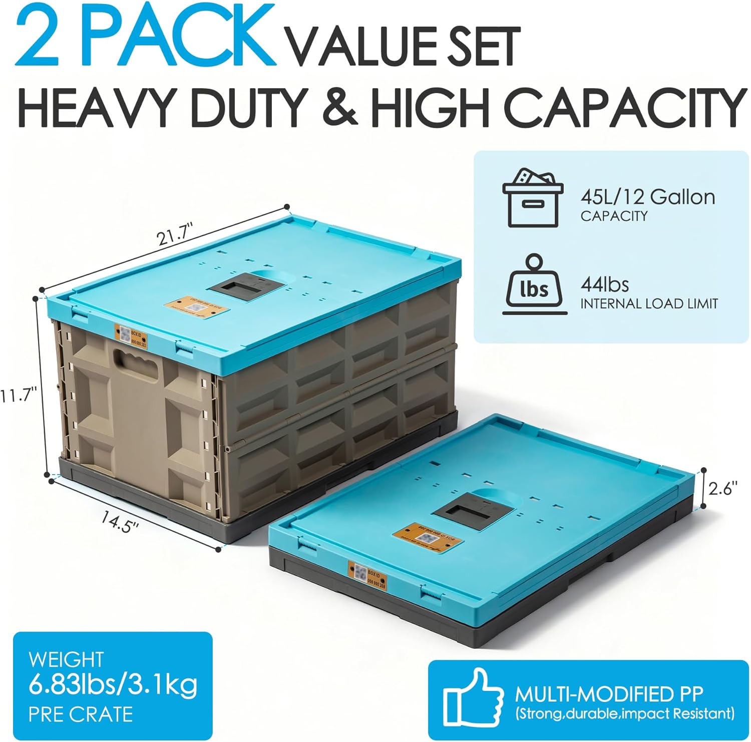 2 Pack Heavy Duty Storage Bins with Lids, 12 Gallon Collapsible Plastic Containers, 400 LBS Stacking Strength Foldable Locking Box for Garage, Camping, Truck Bed (Blue - 45L - Pack of 2)