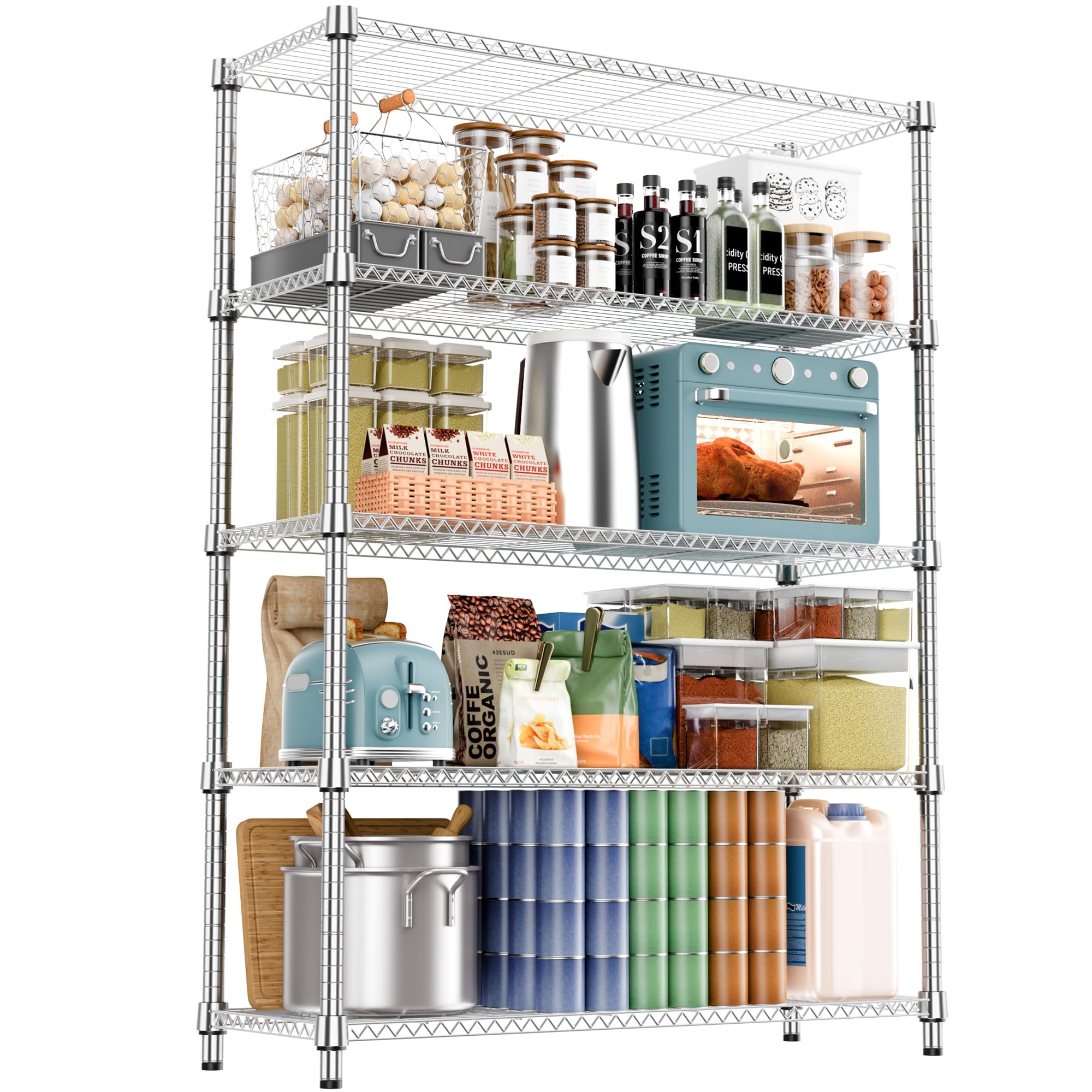 M MZG 5-Shelf Storage Shelves,Wire Shelving Heavy Duty Metal Storage Shelving Unit Adjustable Garage Shelving Rack Pantry Kitchen (Chrome, 4 Tier,15.8" D x 45.3" W x 59.4" H)