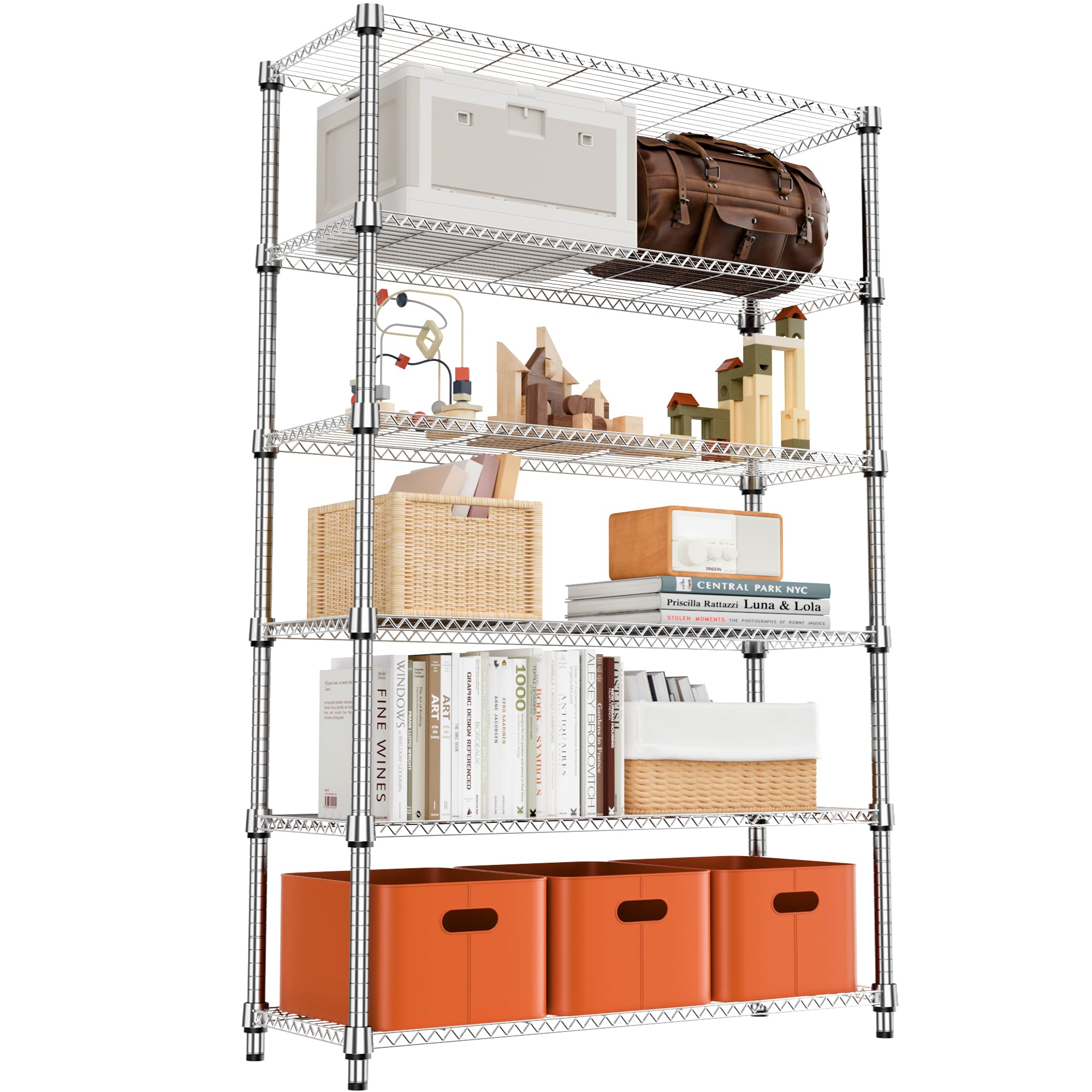 M MZG 5-Shelf Storage Shelves,Wire Shelving Heavy Duty Metal Storage Shelving Unit Adjustable Garage Shelving Rack Pantry Kitchen (Chrome, 4 Tier,15.8" D x 45.3" W x 59.4" H)