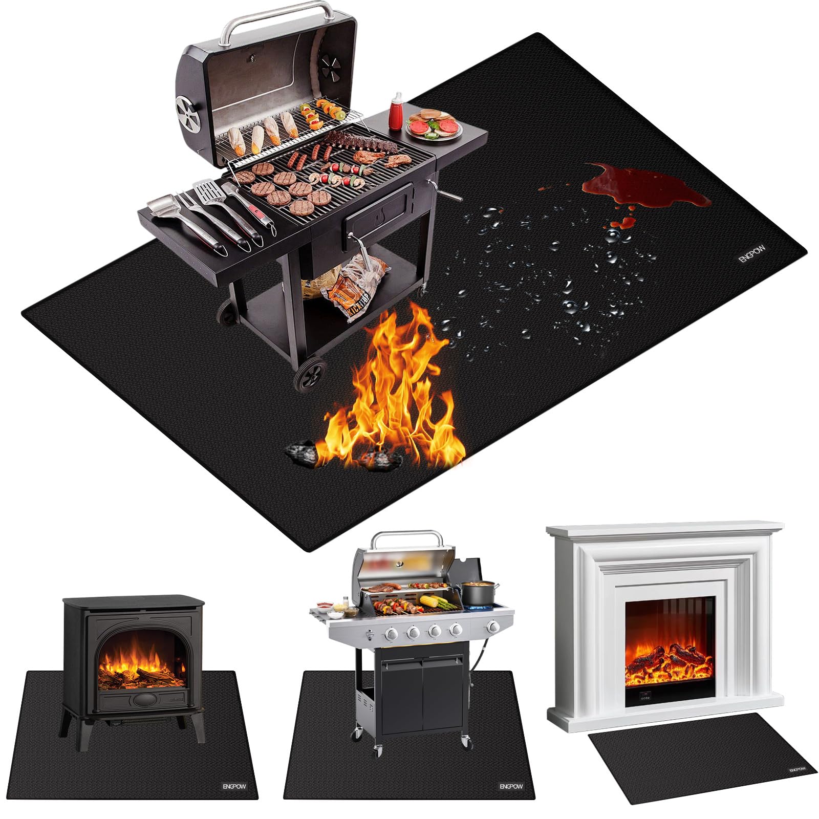 ENGPOW Large 68 x 48 inches Under Grill Mat for Outdoor Grill, Double-Sided Fireproof Indoor Fireplace Mat Fire Pit Mat, Oil-Proof Waterproof BBQ Mat for Deck Patio Lawn,Reusable and Easy to Clean