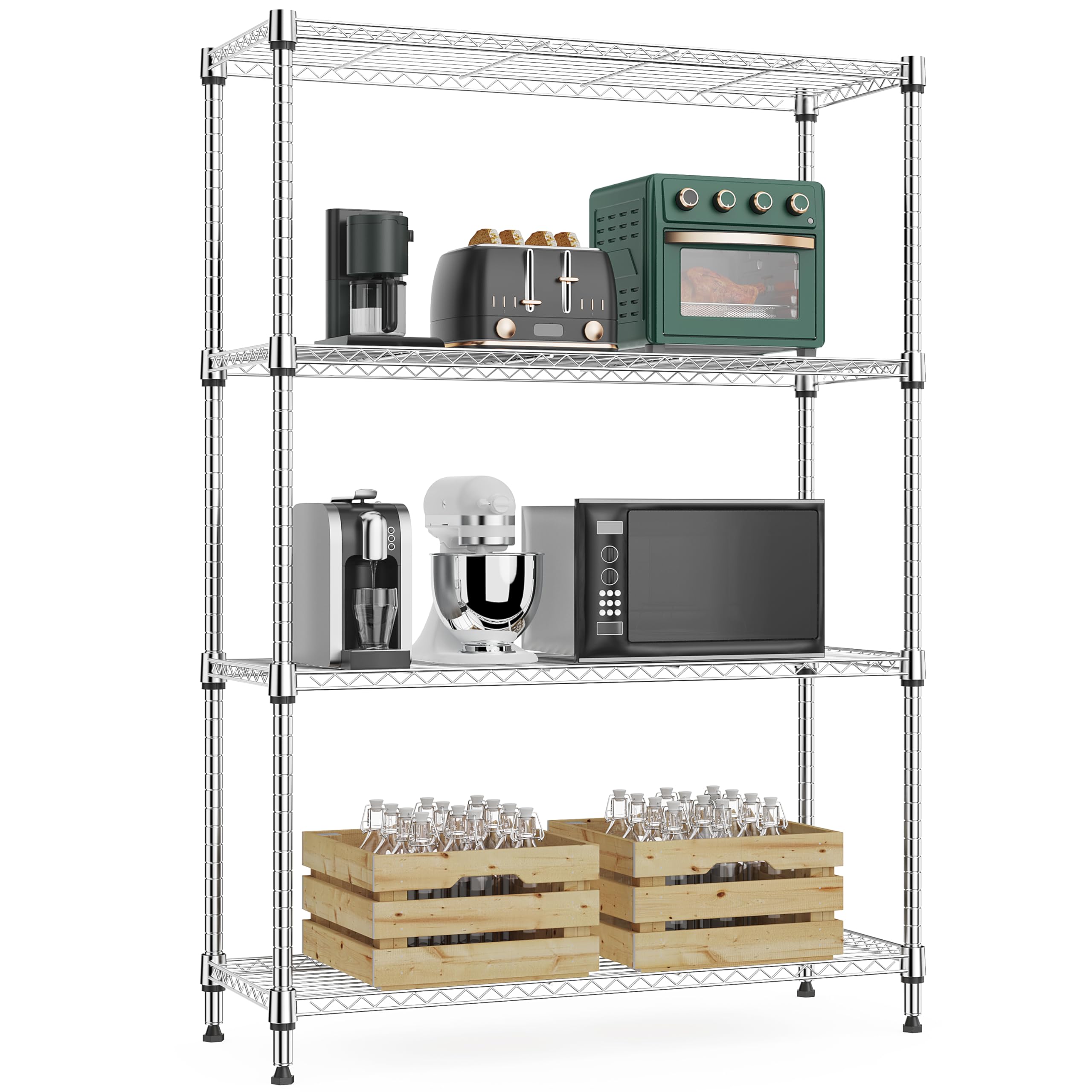 M MZG 5-Shelf Storage Shelves,Wire Shelving Heavy Duty Metal Storage Shelving Unit Adjustable Garage Shelving Rack Pantry Kitchen (Chrome, 4 Tier,15.8" D x 45.3" W x 59.4" H)