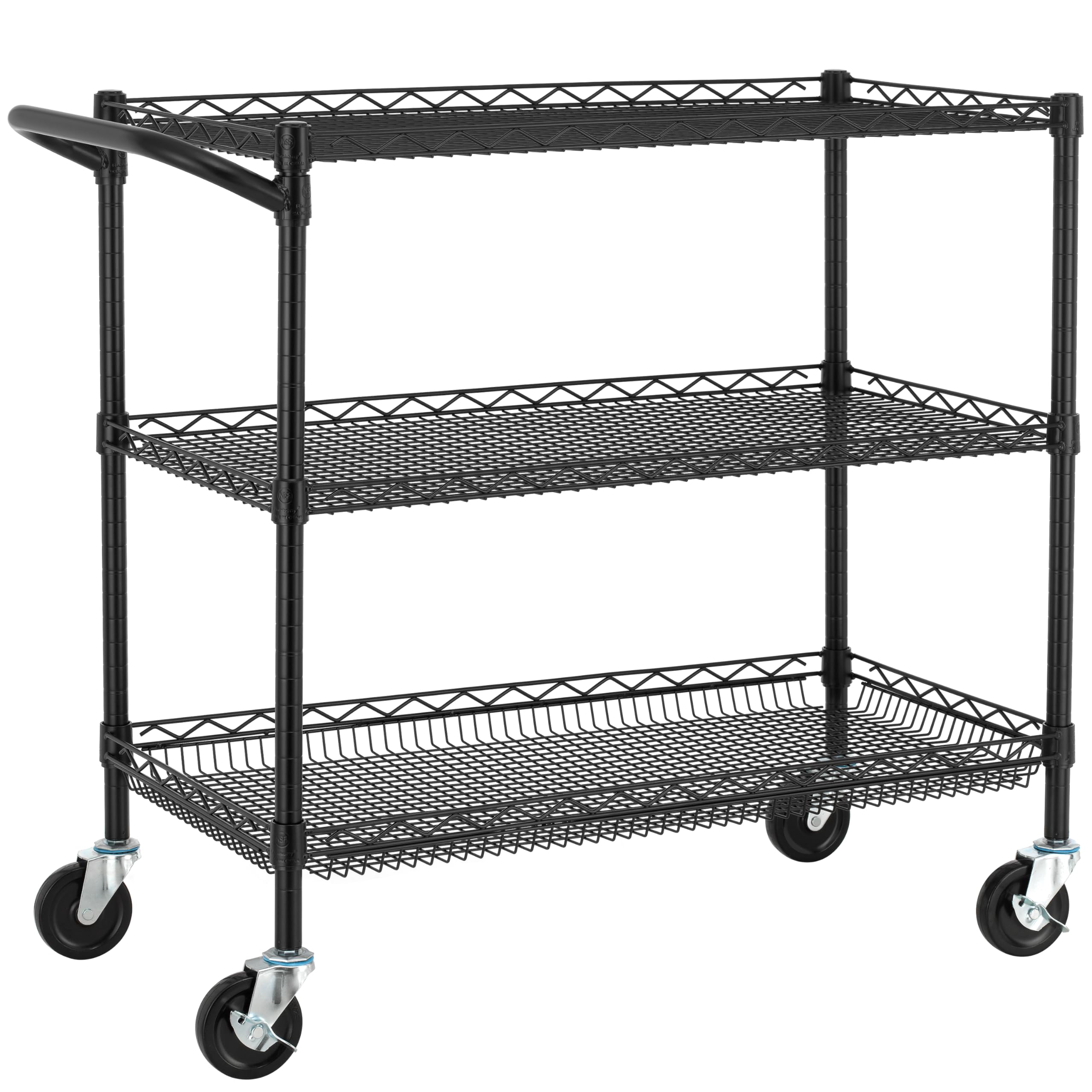 Finnhomy 3 Tier Heavy Duty Commercial Grade Utility Cart, Wire Rolling Cart with Handle Bar, Steel Service Cart with Wheels, Utility Shelf Plant Display Shelf Food Storage Trolley, NSF Listed