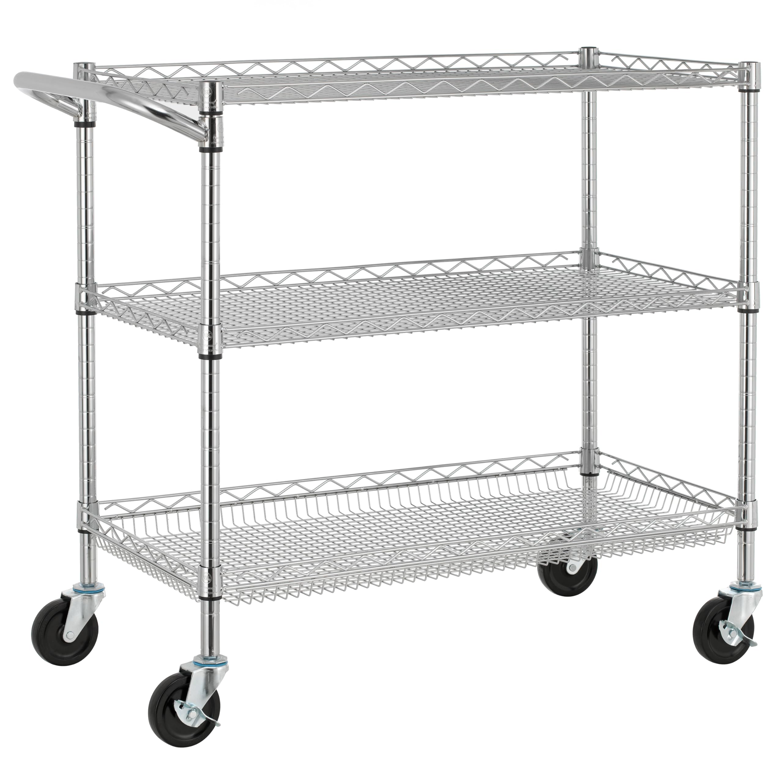 Finnhomy 3 Tier Heavy Duty Commercial Grade Utility Cart, Wire Rolling Cart with Handle Bar, Steel Service Cart with Wheels, Utility Shelf Plant Display Shelf Food Storage Trolley, NSF Listed