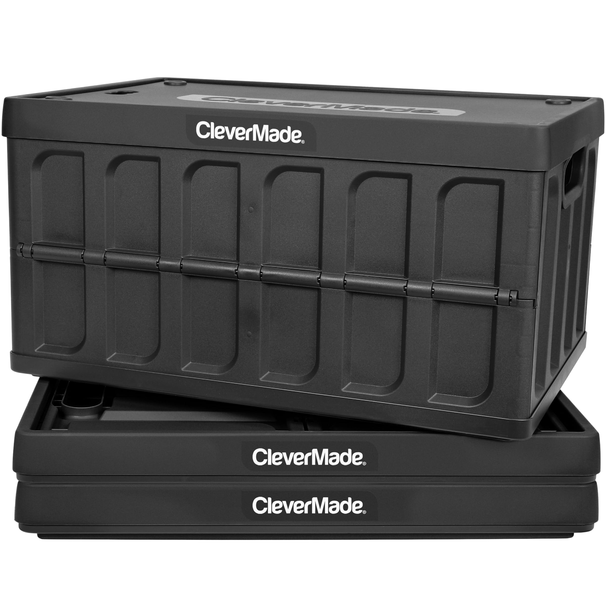 CleverMade Collapsible Storage Bins with Lids (62L, 3 Pack) – Heavy Duty Foldable Plastic Storage Crates for Garage, Closet & Trunk Organization - Stone