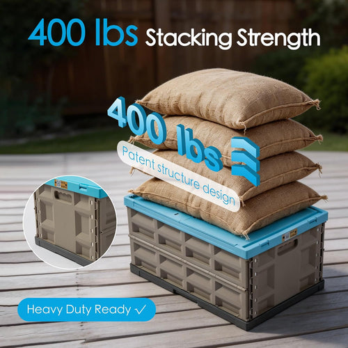 2 Pack Heavy Duty Storage Bins with Lids, 12 Gallon Collapsible Plastic Containers, 400 LBS Stacking Strength Foldable Locking Box for Garage, Camping, Truck Bed (Blue - 45L - Pack of 2)