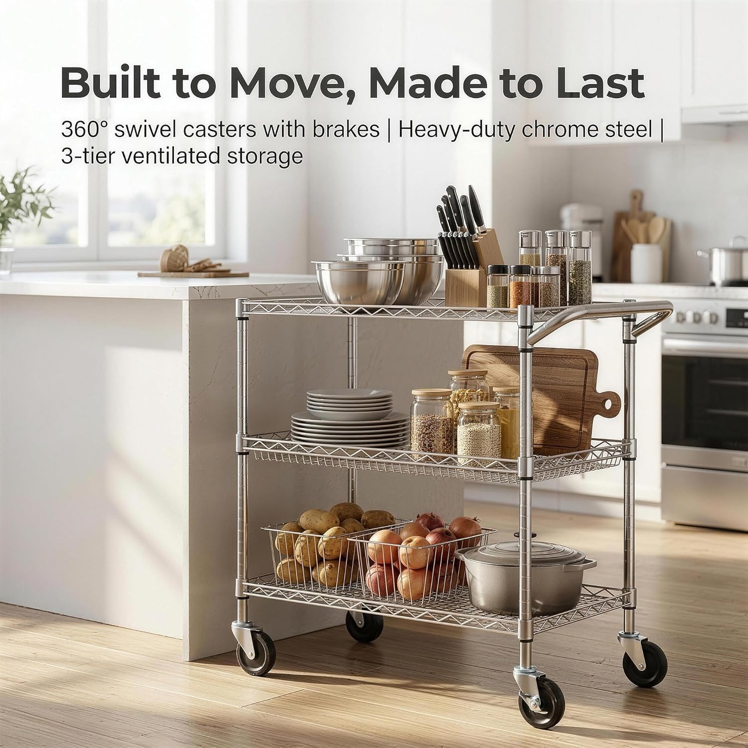 Finnhomy 3 Tier Heavy Duty Commercial Grade Utility Cart, Wire Rolling Cart with Handle Bar, Steel Service Cart with Wheels, Utility Shelf Plant Display Shelf Food Storage Trolley, NSF Listed