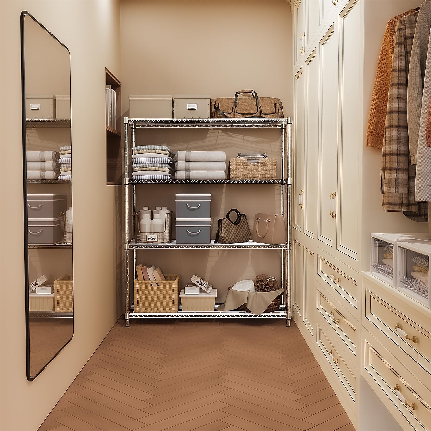 M MZG 5-Shelf Storage Shelves,Wire Shelving Heavy Duty Metal Storage Shelving Unit Adjustable Garage Shelving Rack Pantry Kitchen (Chrome, 4 Tier,15.8" D x 45.3" W x 59.4" H)