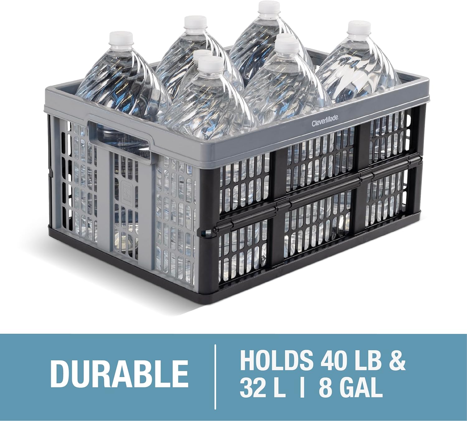 CleverMade Collapsible Utility Crate, Stone, 1PK - 32L (8 Gal) Collapsible Storage Bins, Holds 40lbs Per Bin - Plastic Stackable Grated Wall Utility Containers, CleverCrates Baskets