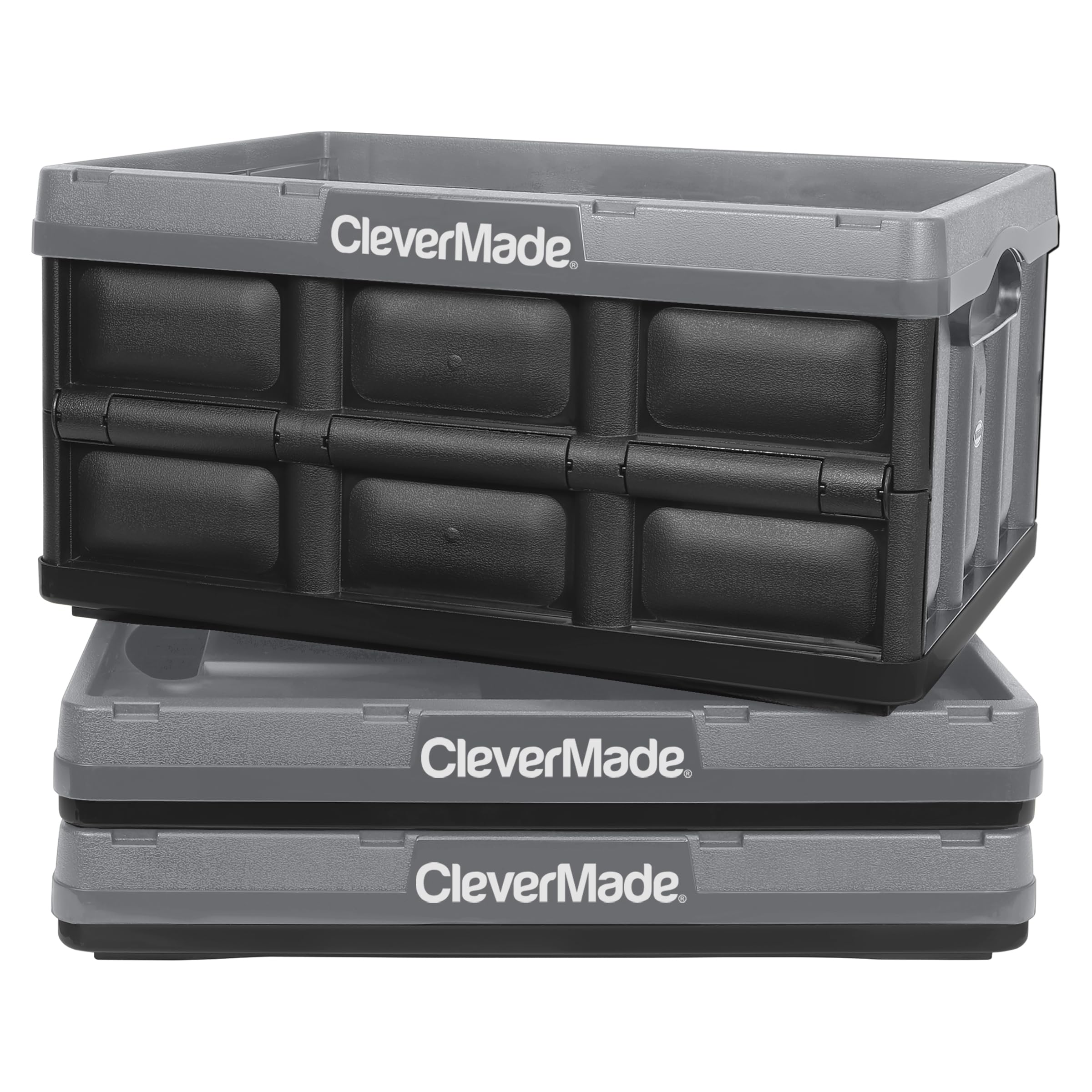 CleverMade Collapsible Storage Bins 46L (3-Pack) – Heavy Duty Collapsible Plastic Storage Bins, Stackable Folding Storage Bins for Car, Garage, Home Organization - Foldable Bins, Obsidian