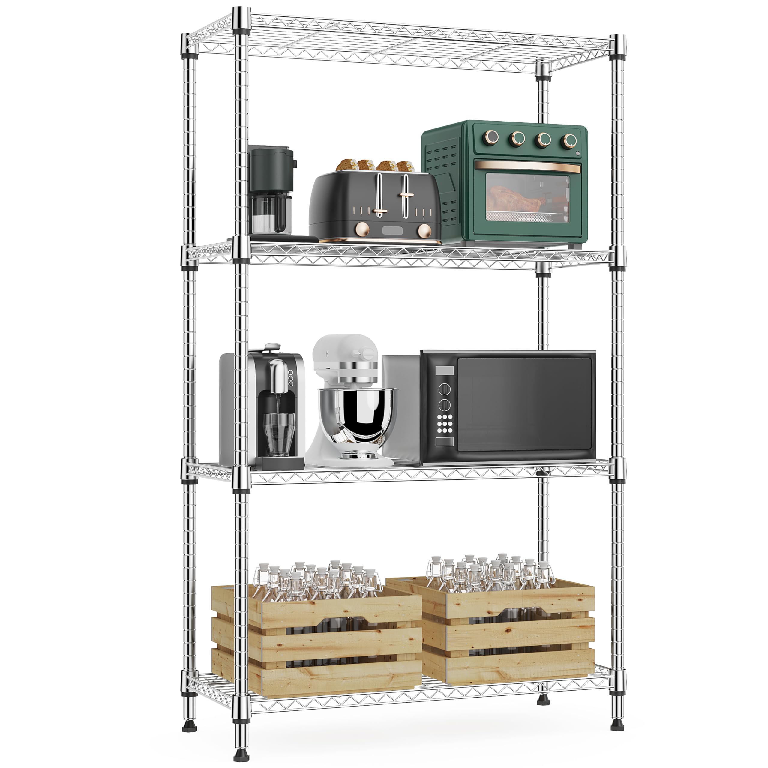 M MZG 5-Shelf Storage Shelves,Wire Shelving Heavy Duty Metal Storage Shelving Unit Adjustable Garage Shelving Rack Pantry Kitchen (Chrome, 4 Tier,15.8" D x 45.3" W x 59.4" H)
